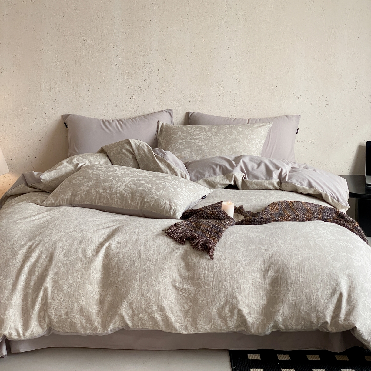 91家纺网 家纺一手货源 找家纺 玉宇阁家居 2026新款色织棉麻大提花四件套-简约款 简约款-莳光-苒