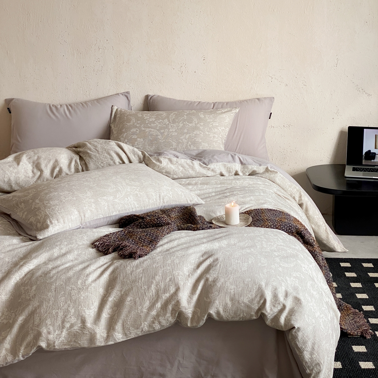 91家纺网 家纺一手货源 找家纺 玉宇阁家居 2026新款色织棉麻大提花四件套-简约款 简约款-莳光-苒