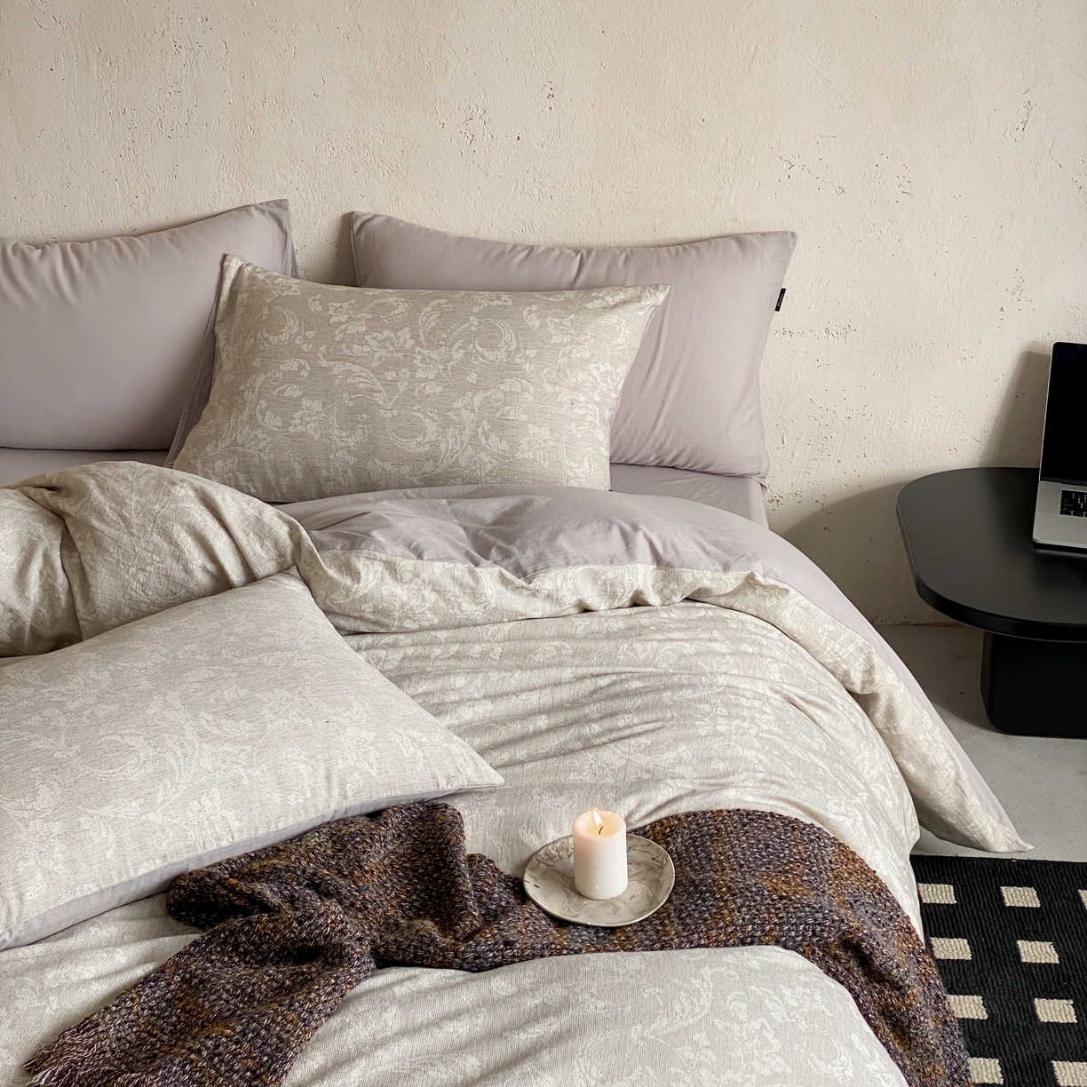 91家纺网 家纺一手货源 找家纺 玉宇阁家居 2026新款色织棉麻大提花四件套-简约款 简约款-莳光-苒