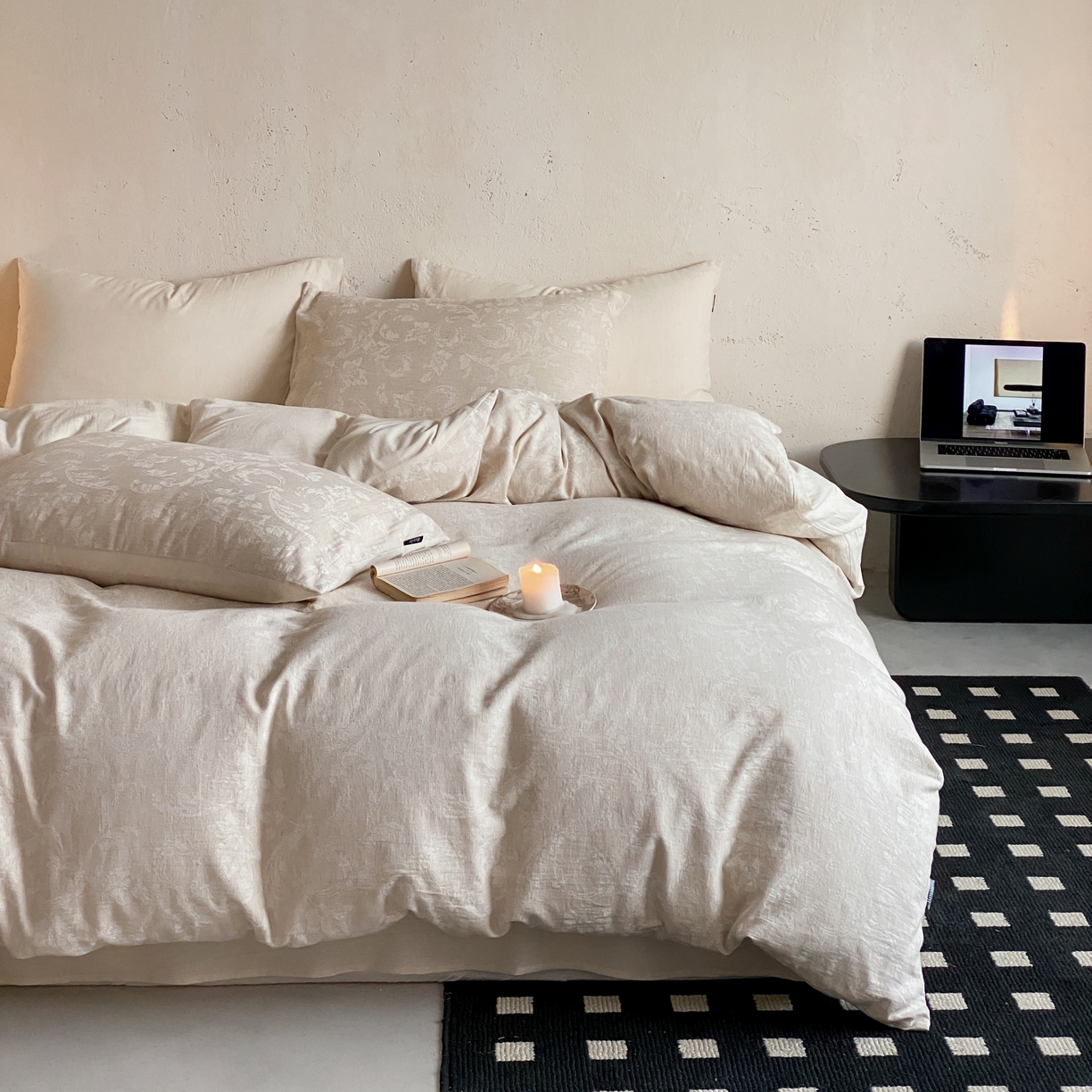 91家纺网 家纺一手货源 找家纺 玉宇阁家居 2026新款色织棉麻大提花四件套-简约款 简约款-莳光-浅痕