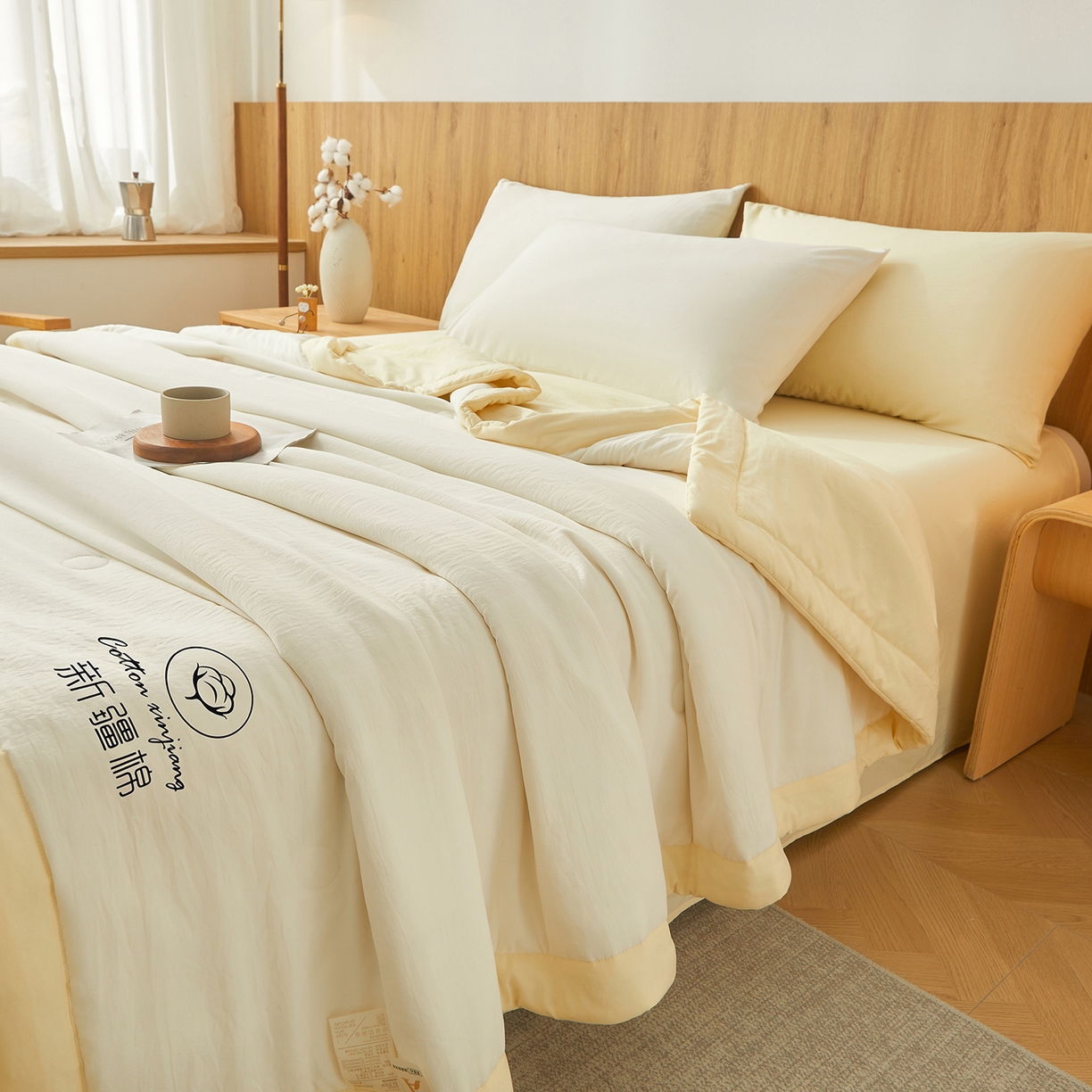 91家纺网 家纺一手货源 找家纺 晓时候 2026春夏新款纯色水洗棉双拼夏被新疆棉花被夏凉被空调被被子被芯-素夏 素夏-白黄