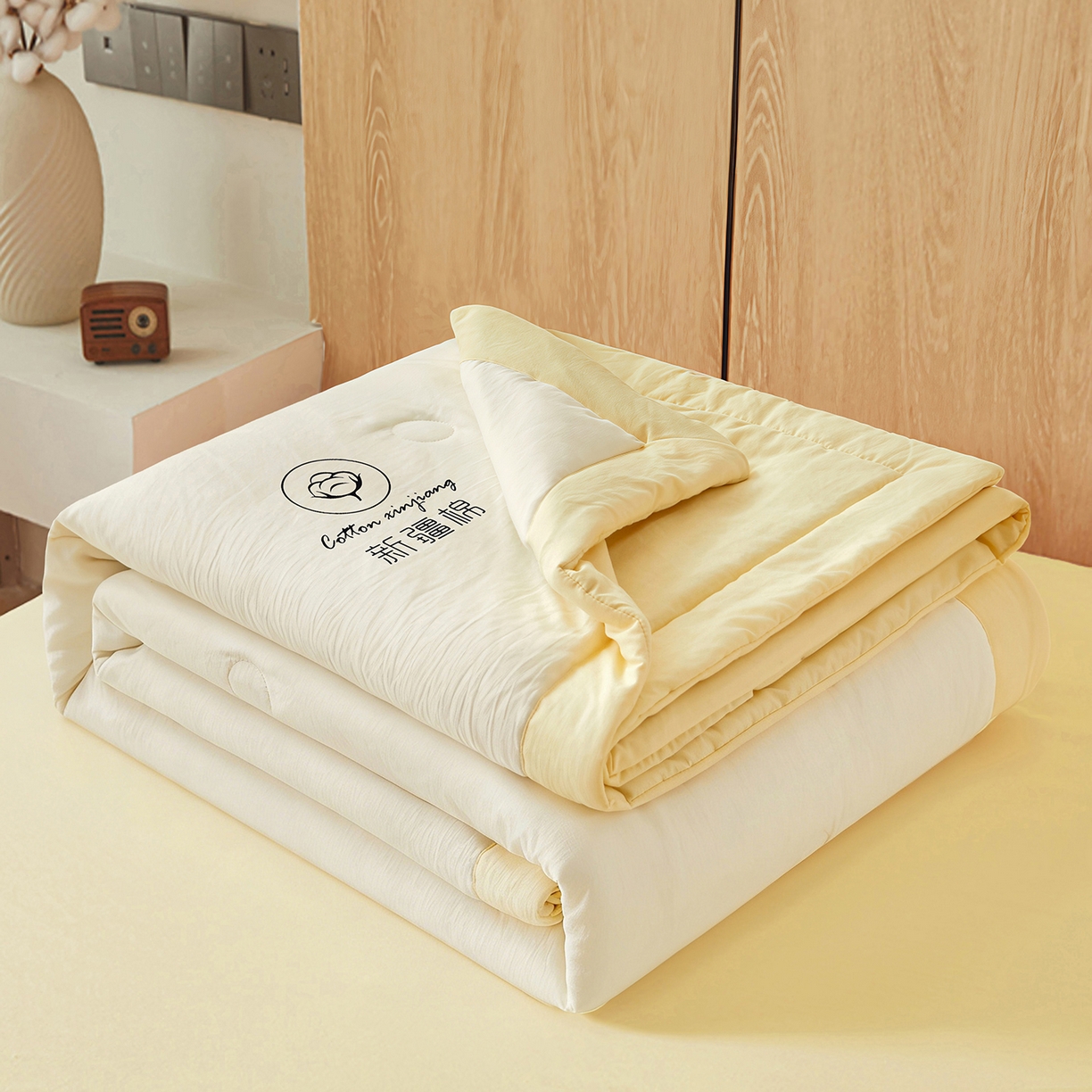 91家纺网 家纺一手货源 找家纺 晓时候 2026春夏新款纯色水洗棉双拼夏被新疆棉花被夏凉被空调被被子被芯-素夏 素夏-白黄