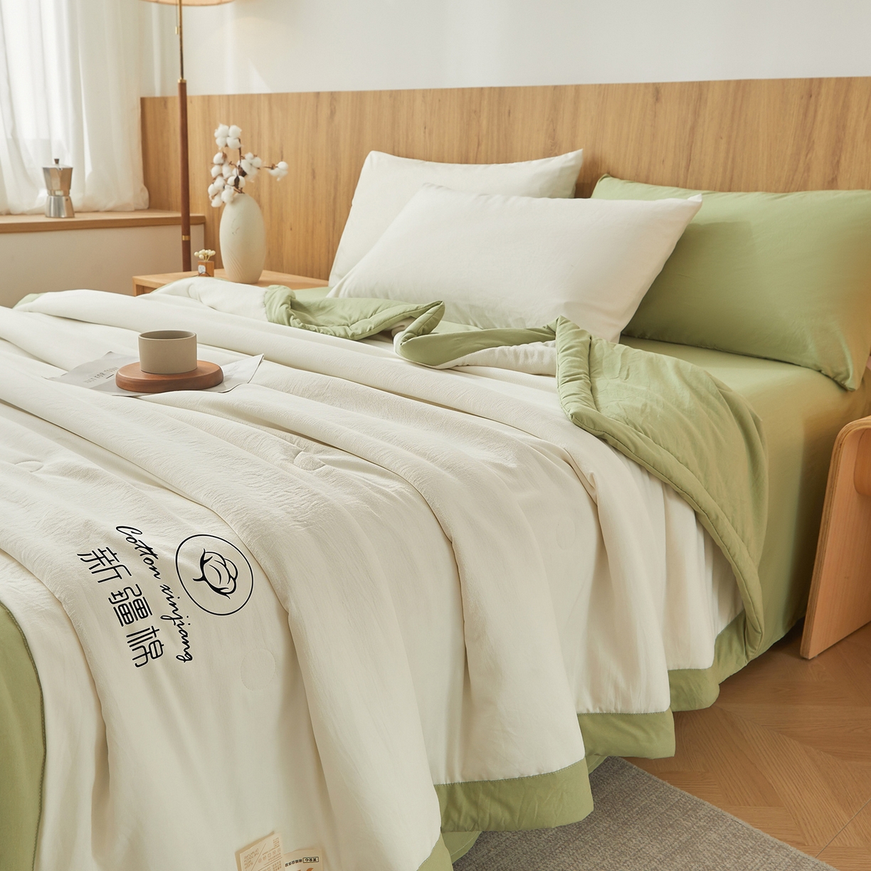 91家纺网 家纺一手货源 找家纺 晓时候 2026春夏新款纯色水洗棉双拼夏被新疆棉花被夏凉被空调被被子被芯-素夏 素夏-白果绿