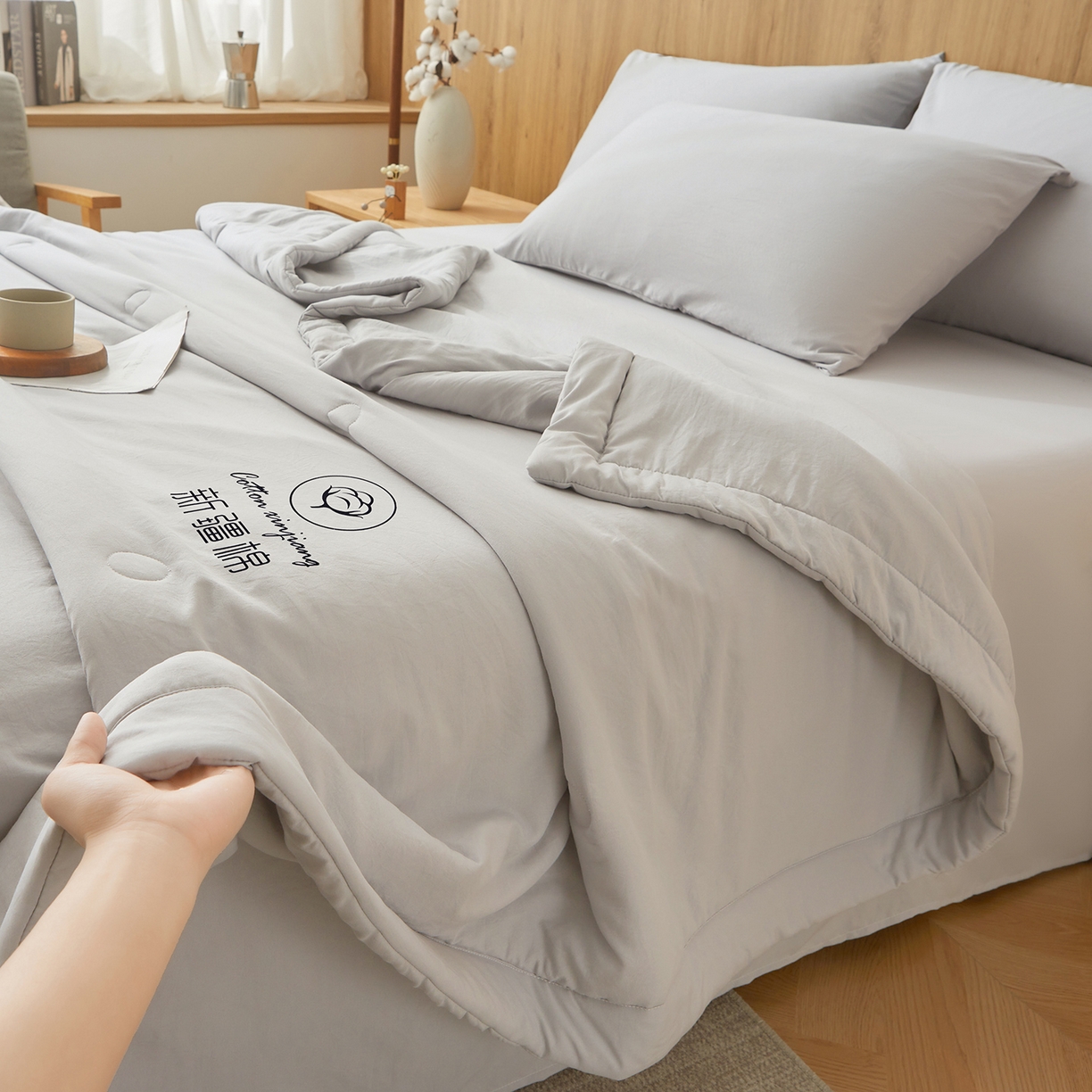 91家纺网 家纺一手货源 找家纺 晓时候 2026春夏新款纯色水洗棉双拼夏被新疆棉花被夏凉被空调被被子被芯-素夏 素夏-浅灰