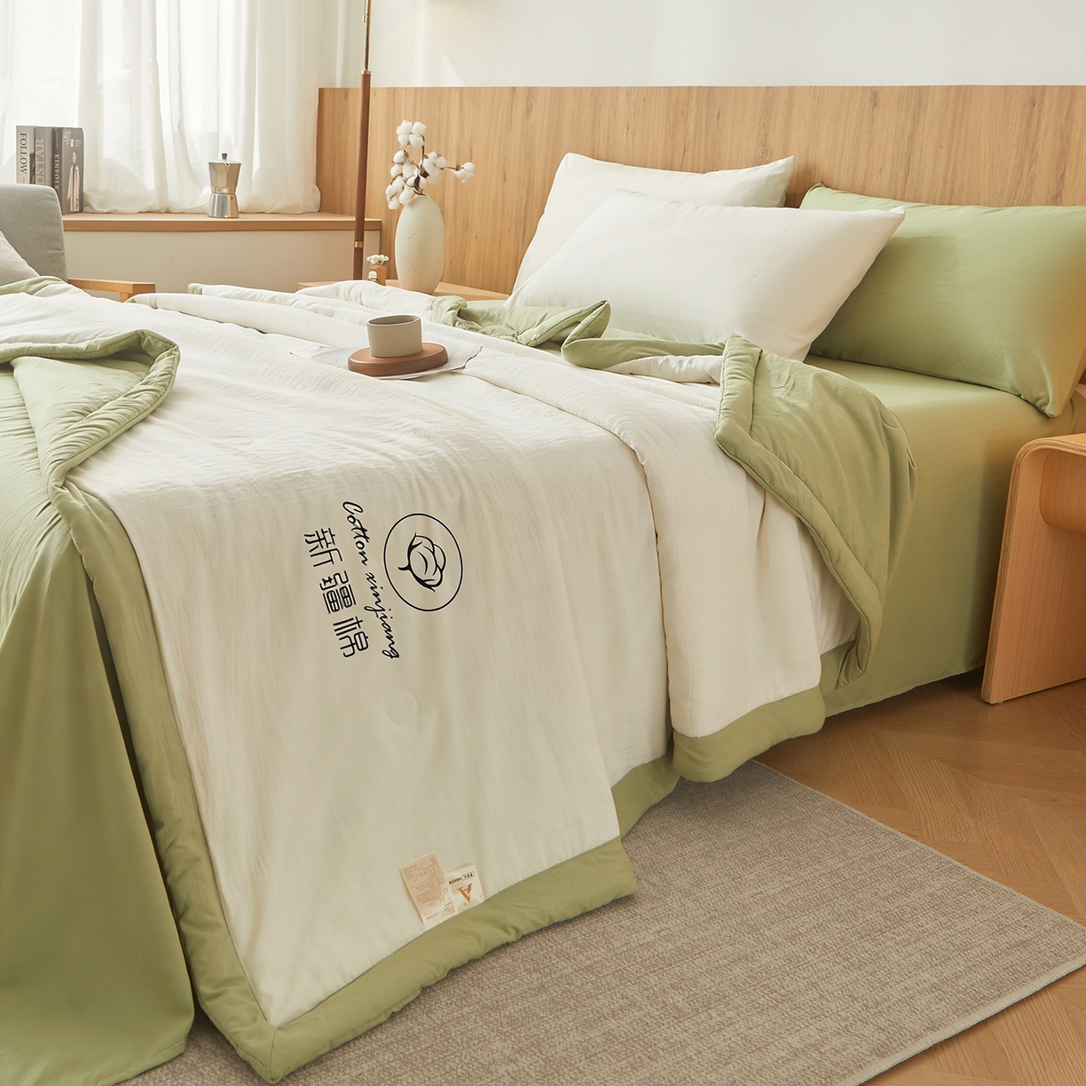 91家纺网 家纺一手货源 找家纺 晓时候 2026春夏新款纯色水洗棉双拼夏被新疆棉花被夏凉被空调被被子被芯-素夏 素夏-白果绿