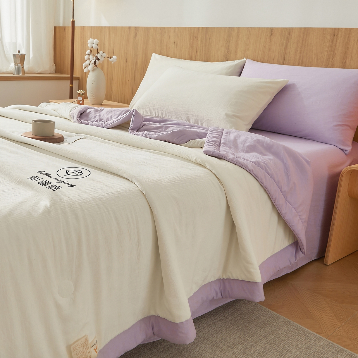 91家纺网 家纺一手货源 找家纺 晓时候 2026春夏新款纯色水洗棉双拼夏被新疆棉花被夏凉被空调被被子被芯-素夏 素夏-白紫