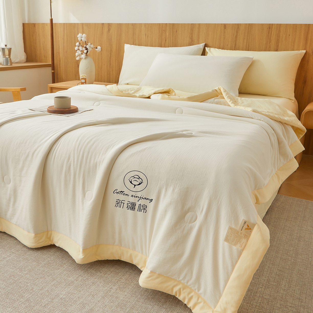 91家纺网 家纺一手货源 找家纺 晓时候 2026春夏新款纯色水洗棉双拼夏被新疆棉花被夏凉被空调被被子被芯-素夏 素夏-白黄