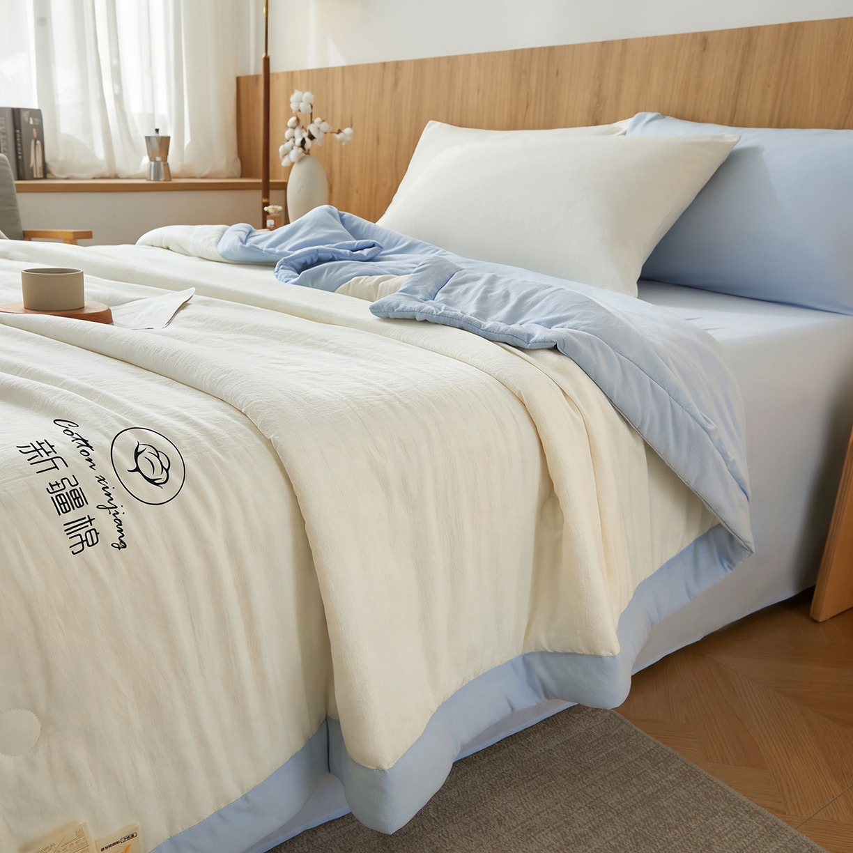 91家纺网 家纺一手货源 找家纺 晓时候 2026春夏新款纯色水洗棉双拼夏被新疆棉花被夏凉被空调被被子被芯-素夏 素夏-白蓝