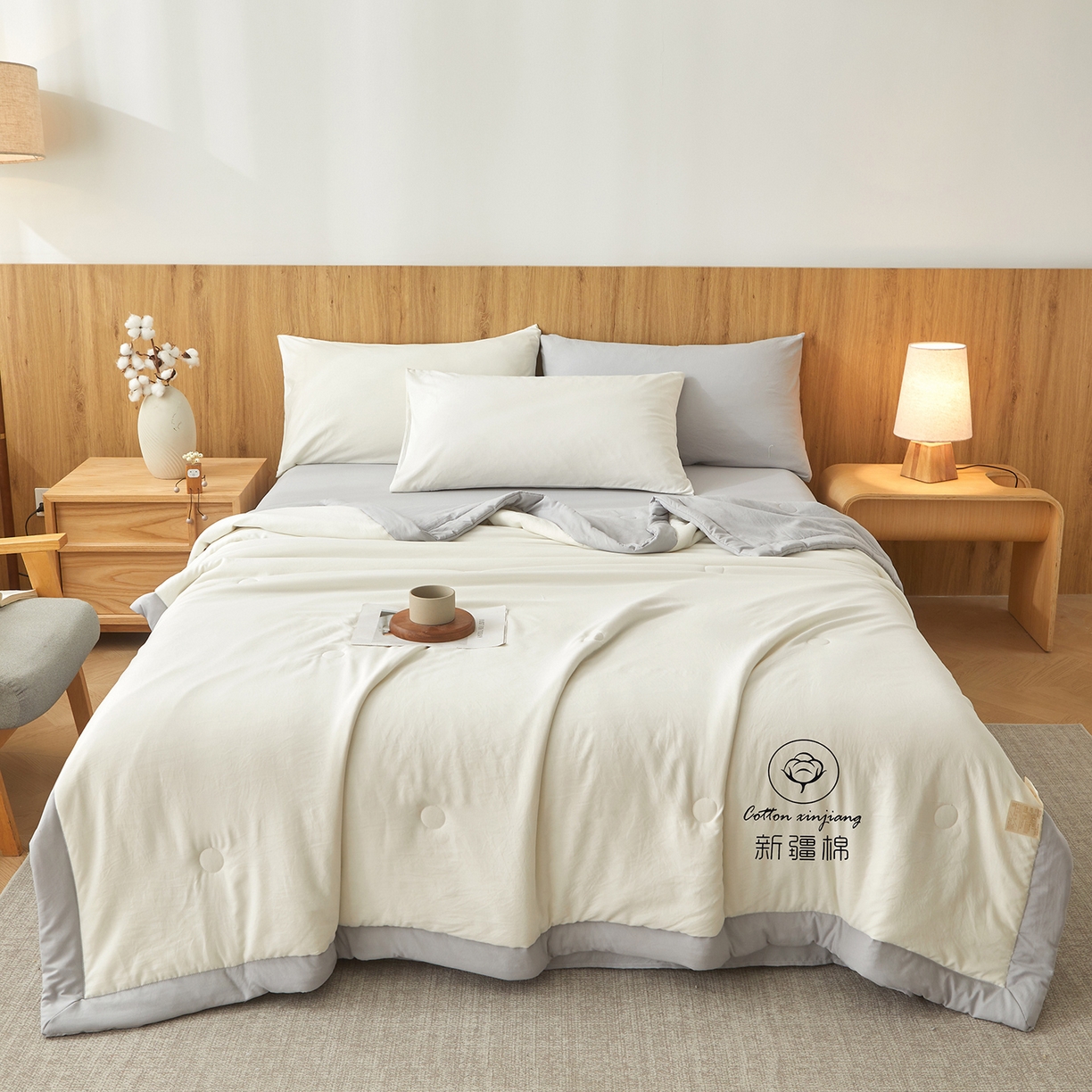91家纺网 家纺一手货源 找家纺 晓时候 2026春夏新款纯色水洗棉双拼夏被新疆棉花被夏凉被空调被被子被芯-素夏 素夏-白灰