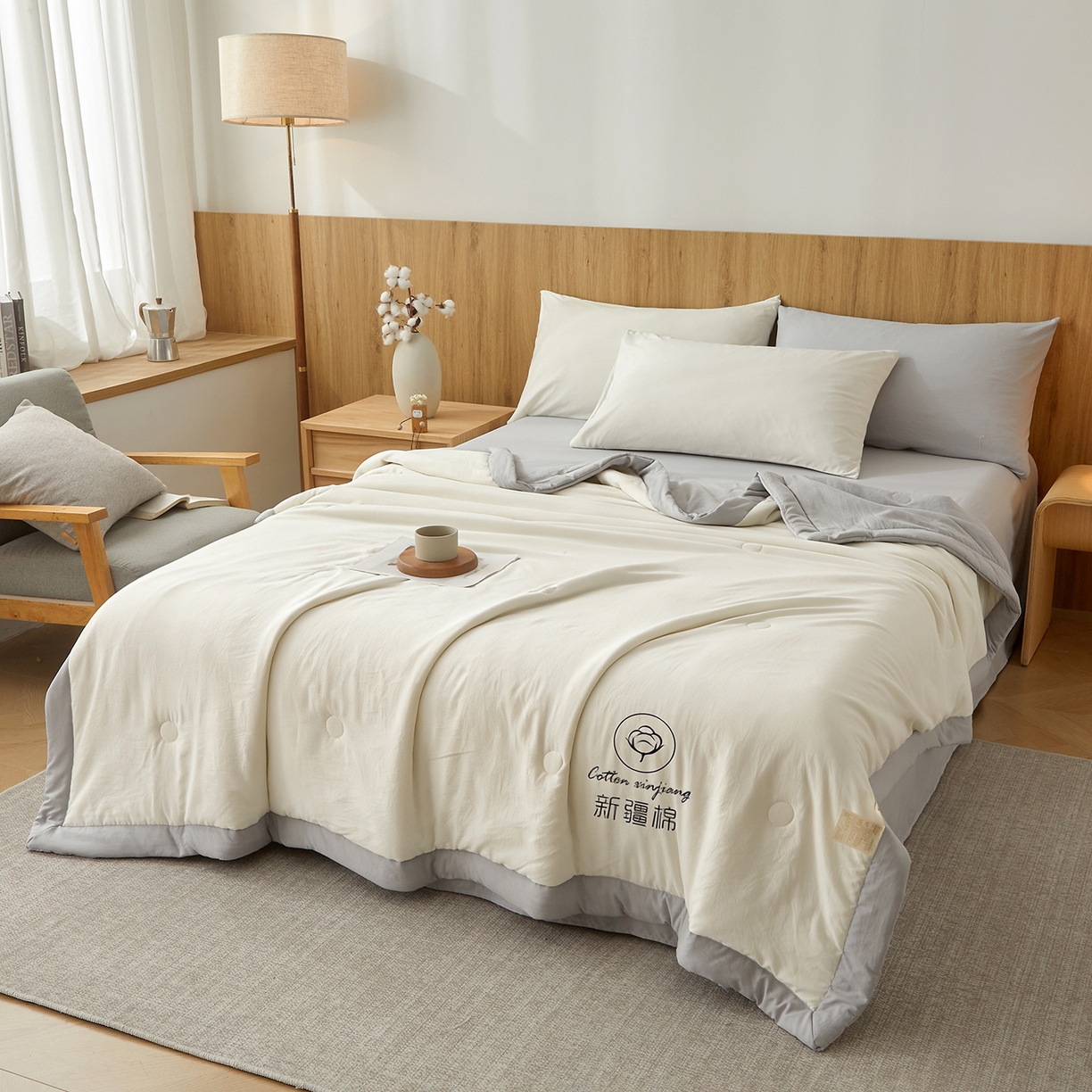 91家纺网 家纺一手货源 找家纺 晓时候 2026春夏新款纯色水洗棉双拼夏被新疆棉花被夏凉被空调被被子被芯-素夏 素夏-白灰