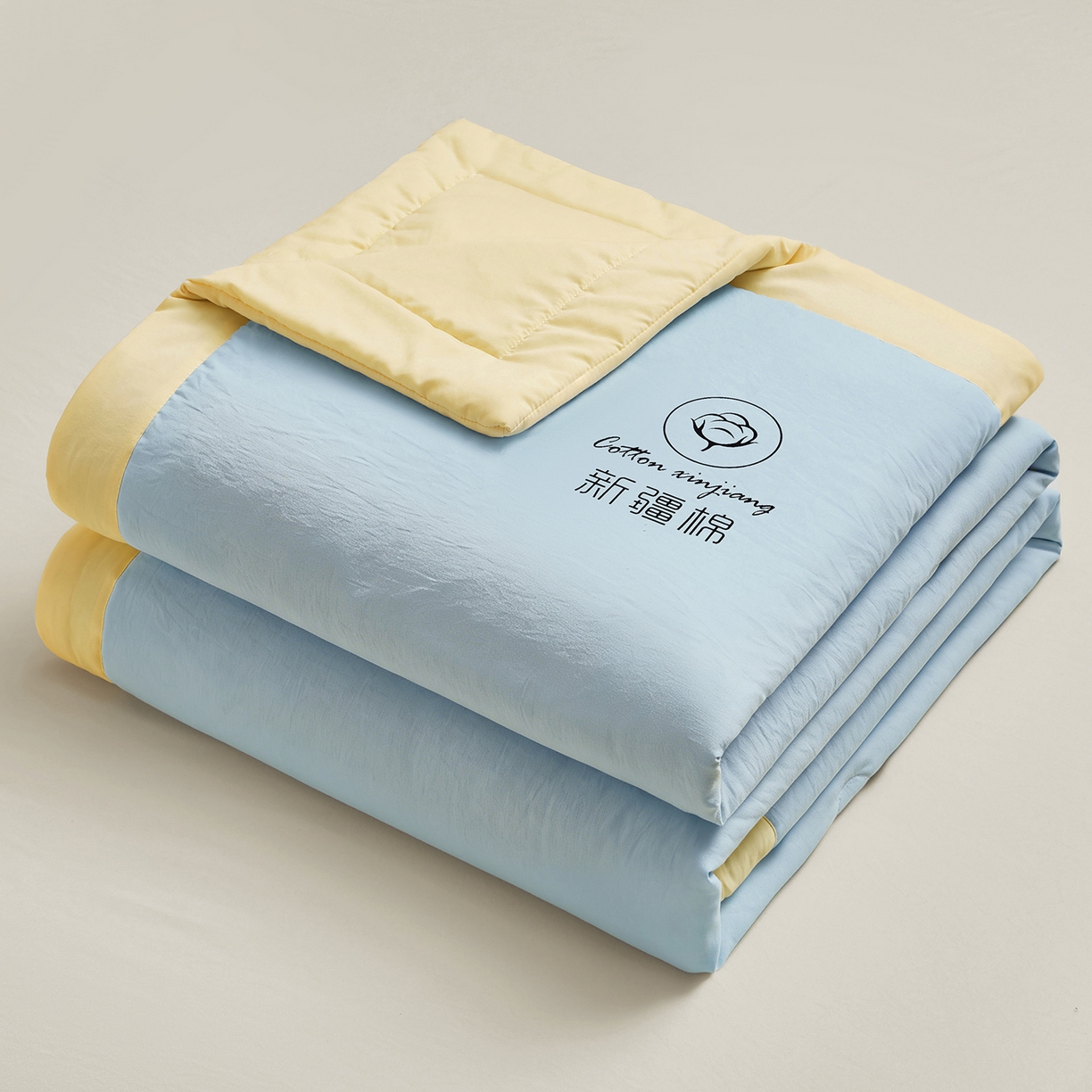 91家纺网 家纺一手货源 找家纺 晓时候 2026春夏新款纯色水洗棉双拼夏被新疆棉花被夏凉被空调被被子被芯-素夏 素夏-蓝黄