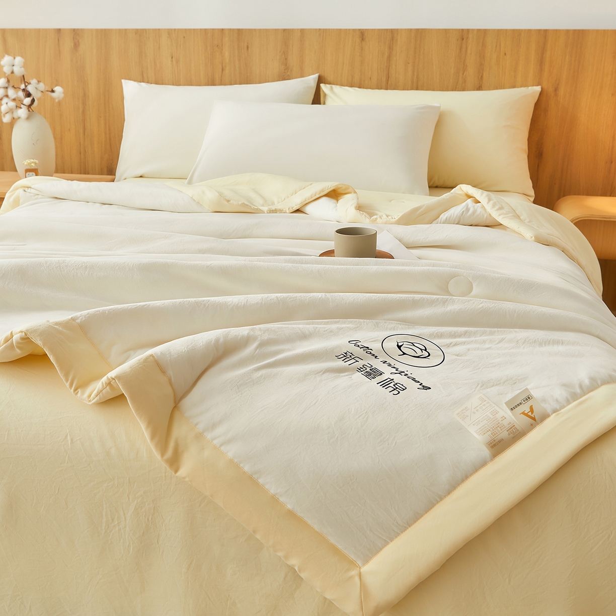 91家纺网 家纺一手货源 找家纺 晓时候 2026春夏新款纯色水洗棉双拼夏被新疆棉花被夏凉被空调被被子被芯-素夏 素夏-白黄