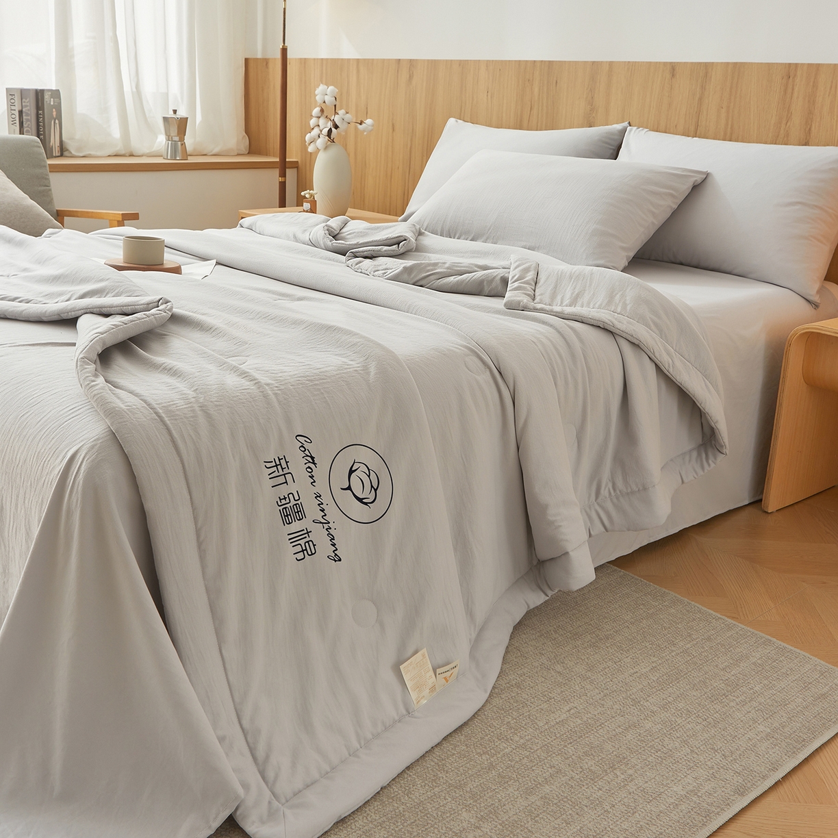 91家纺网 家纺一手货源 找家纺 晓时候 2026春夏新款纯色水洗棉双拼夏被新疆棉花被夏凉被空调被被子被芯-素夏 素夏-浅灰