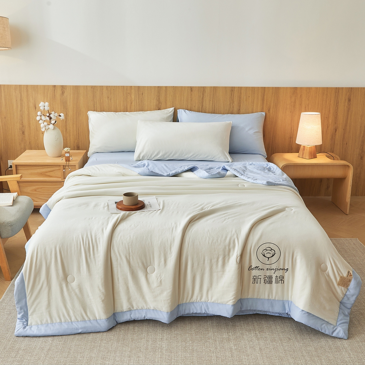 91家纺网 家纺一手货源 找家纺 晓时候 2026春夏新款纯色水洗棉双拼夏被新疆棉花被夏凉被空调被被子被芯-素夏 素夏-白蓝
