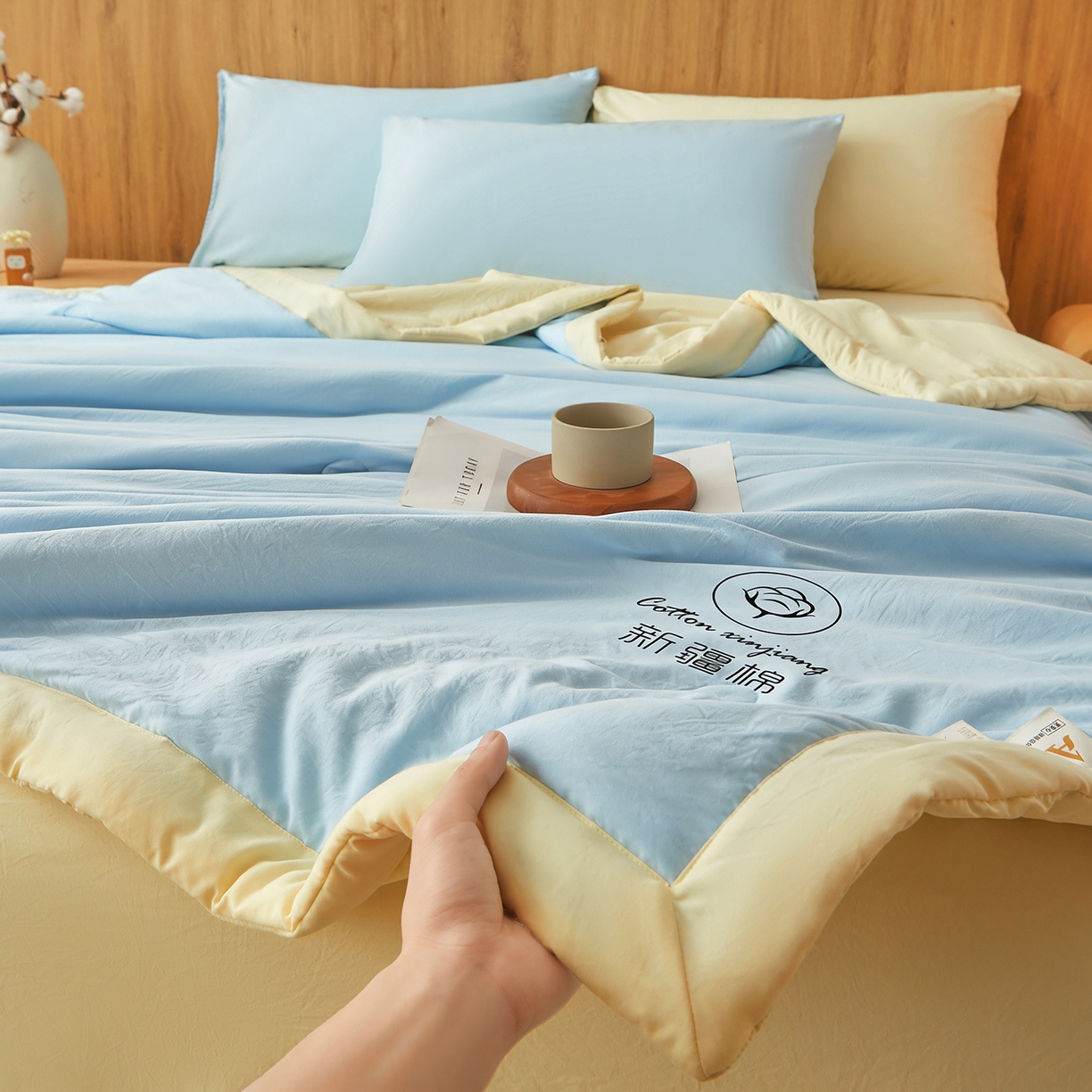 91家纺网 家纺一手货源 找家纺 晓时候 2026春夏新款纯色水洗棉双拼夏被新疆棉花被夏凉被空调被被子被芯-素夏 素夏-蓝黄