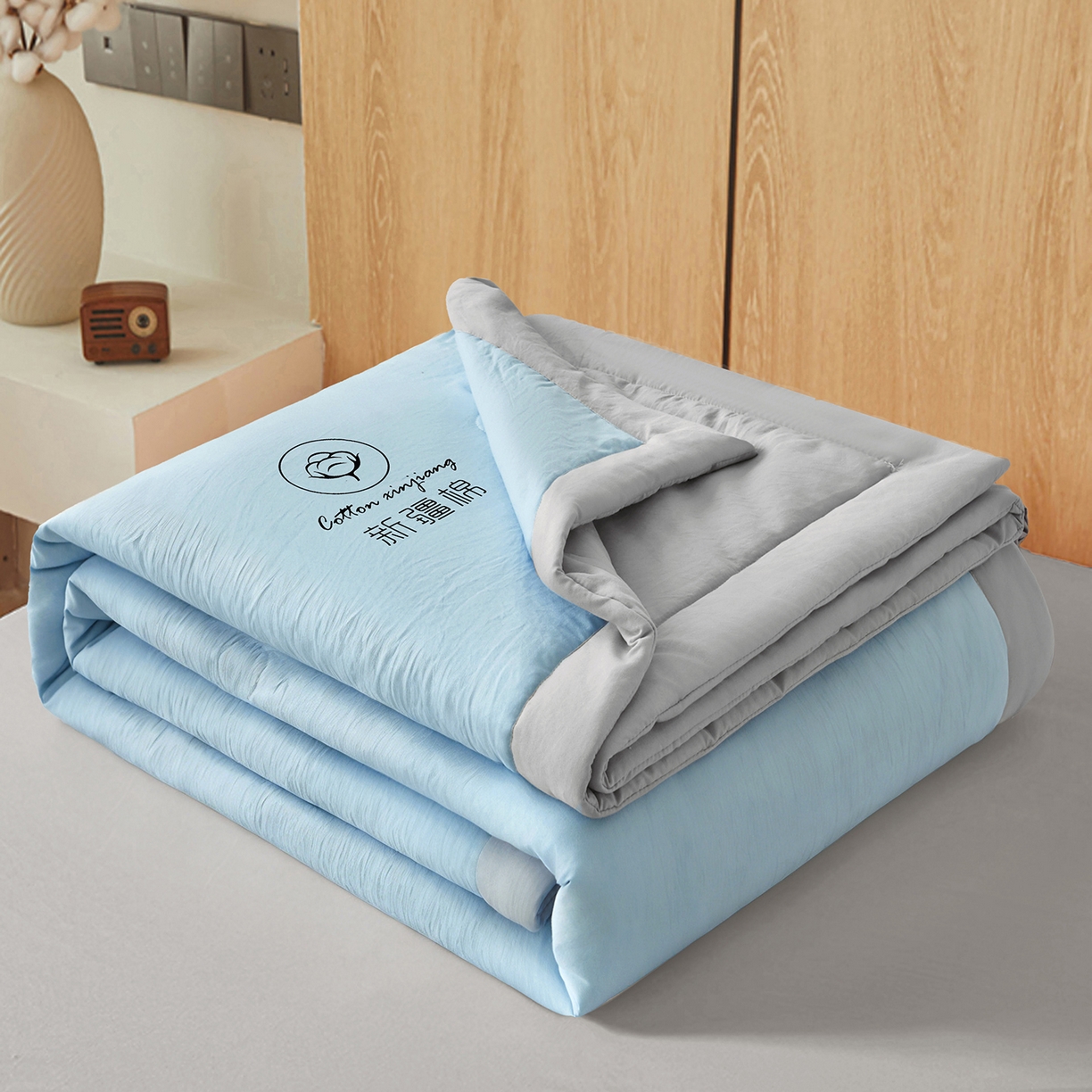 91家纺网 家纺一手货源 找家纺 晓时候 2026春夏新款纯色水洗棉双拼夏被新疆棉花被夏凉被空调被被子被芯-素夏 素夏-蓝灰