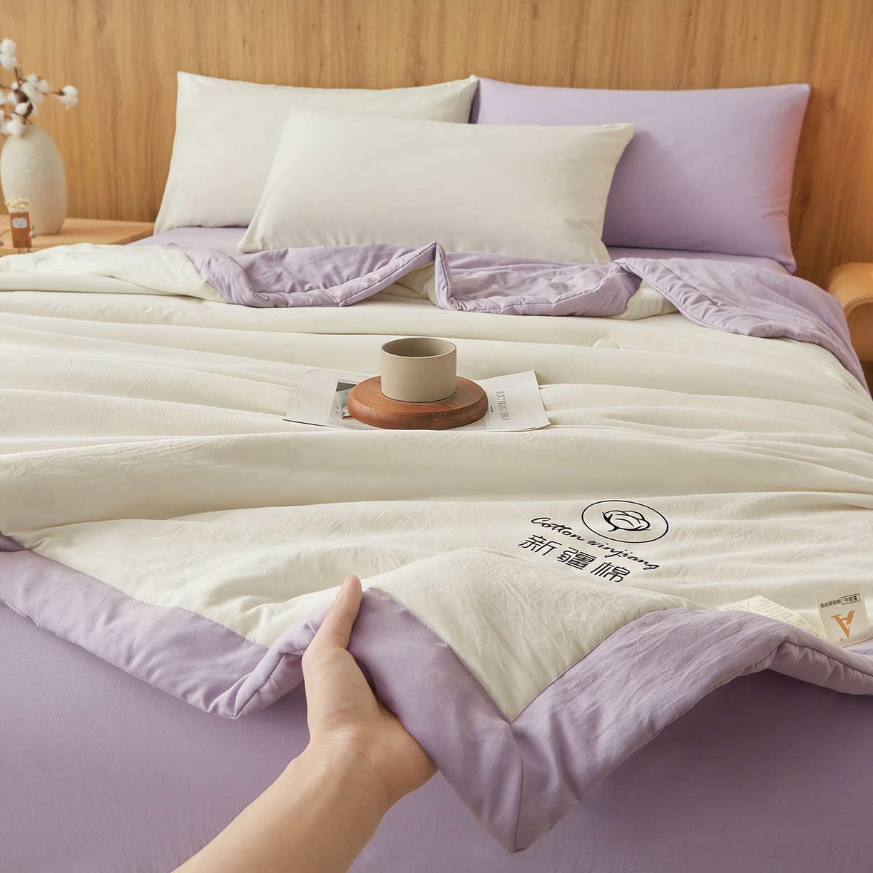 91家纺网 家纺一手货源 找家纺 晓时候 2026春夏新款纯色水洗棉双拼夏被新疆棉花被夏凉被空调被被子被芯-素夏 素夏-白紫