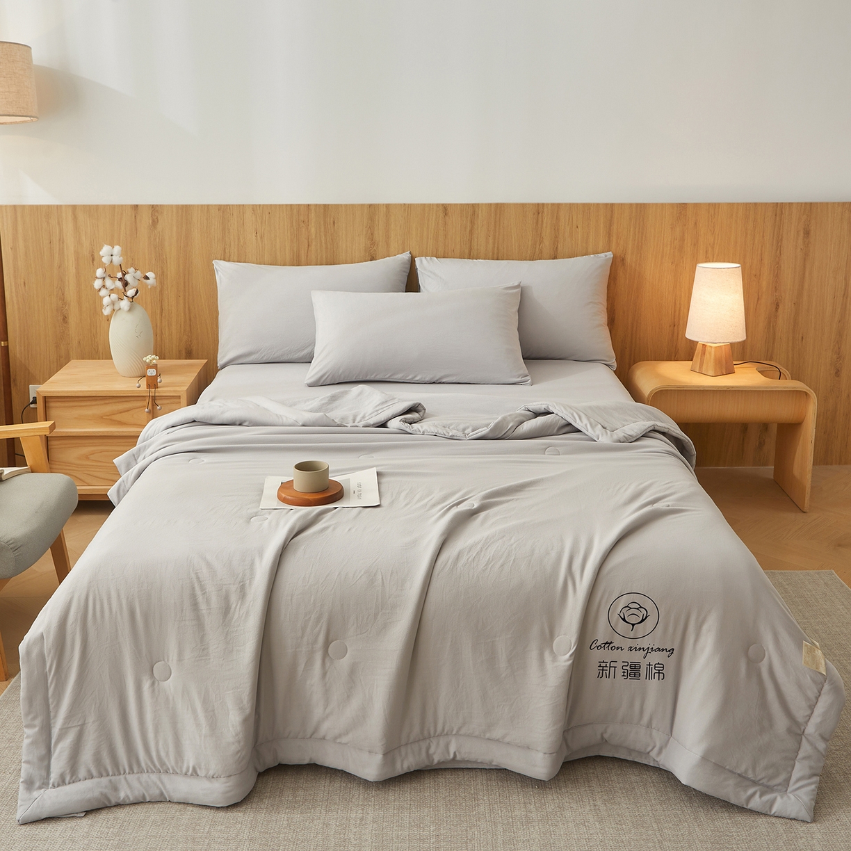 91家纺网 家纺一手货源 找家纺 晓时候 2026春夏新款纯色水洗棉双拼夏被新疆棉花被夏凉被空调被被子被芯-素夏 素夏-浅灰
