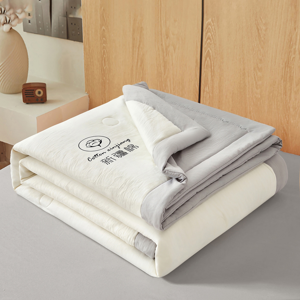 91家纺网 家纺一手货源 找家纺 晓时候 2026春夏新款纯色水洗棉双拼夏被新疆棉花被夏凉被空调被被子被芯-素夏 素夏-白灰