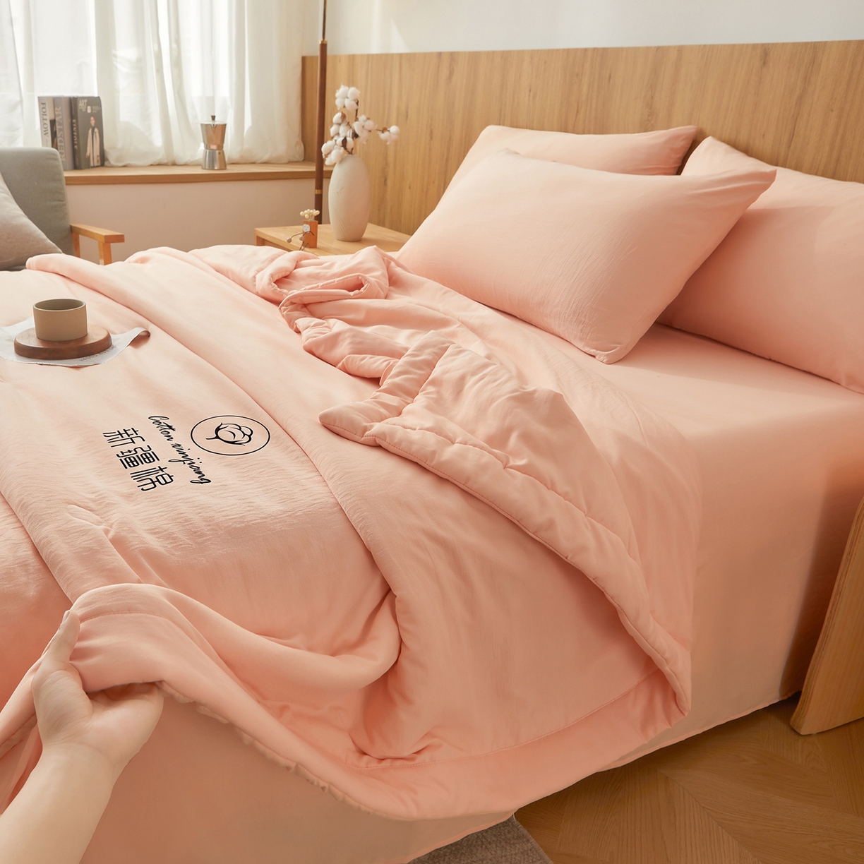 91家纺网 家纺一手货源 找家纺 晓时候 2026春夏新款纯色水洗棉双拼夏被新疆棉花被夏凉被空调被被子被芯-素夏 素夏-少女粉