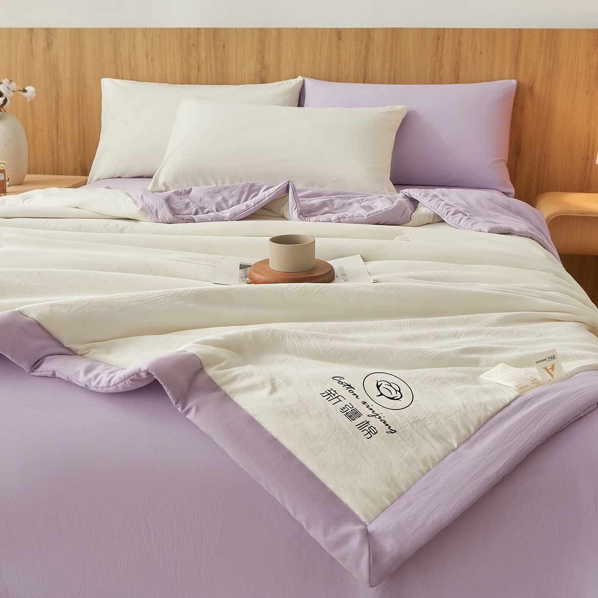 91家纺网 家纺一手货源 找家纺 晓时候 2026春夏新款纯色水洗棉双拼夏被新疆棉花被夏凉被空调被被子被芯-素夏 素夏-白紫