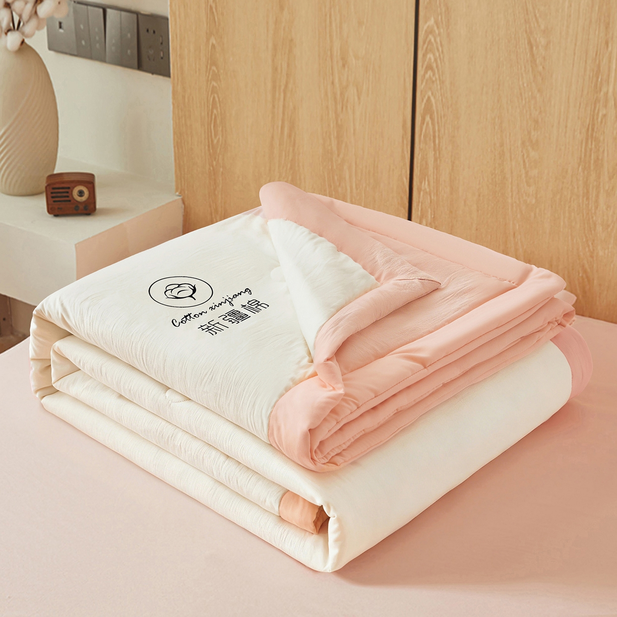 91家纺网 家纺一手货源 找家纺 晓时候 2026春夏新款纯色水洗棉双拼夏被新疆棉花被夏凉被空调被被子被芯-素夏 素夏-白粉