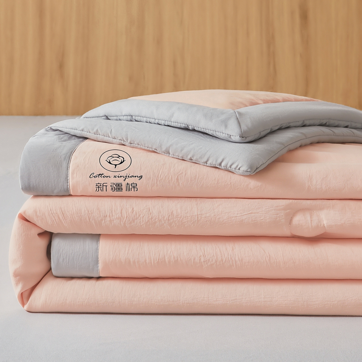 91家纺网 家纺一手货源 找家纺 晓时候 2026春夏新款纯色水洗棉双拼夏被新疆棉花被夏凉被空调被被子被芯-素夏 素夏-粉灰