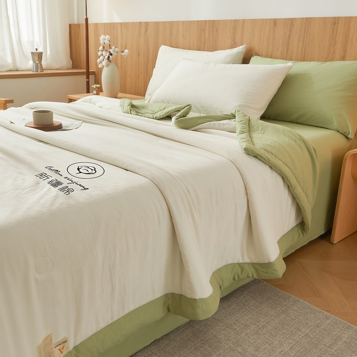 91家纺网 家纺一手货源 找家纺 晓时候 2026春夏新款纯色水洗棉双拼夏被新疆棉花被夏凉被空调被被子被芯-素夏 素夏-白果绿