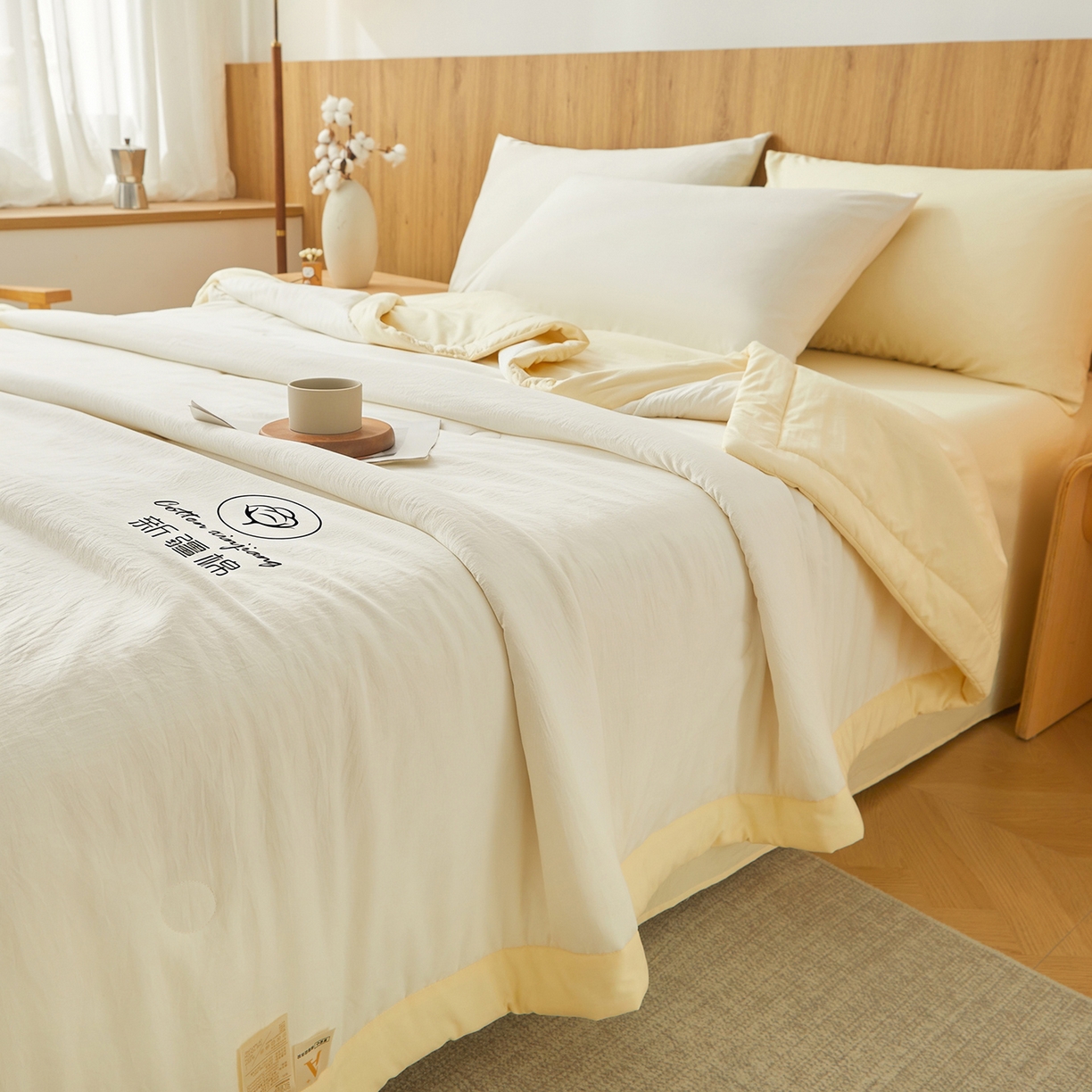 91家纺网 家纺一手货源 找家纺 晓时候 2026春夏新款纯色水洗棉双拼夏被新疆棉花被夏凉被空调被被子被芯-素夏 素夏-白黄