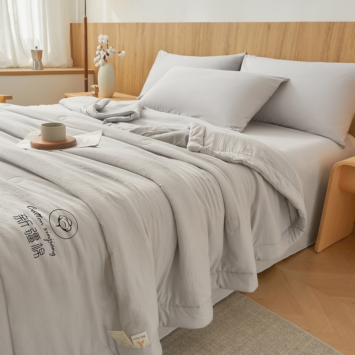 91家纺网 家纺一手货源 找家纺 晓时候 2026春夏新款纯色水洗棉双拼夏被新疆棉花被夏凉被空调被被子被芯-素夏 素夏-浅灰