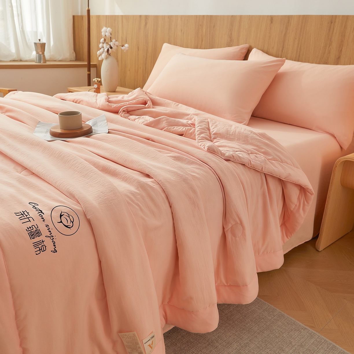 91家纺网 家纺一手货源 找家纺 晓时候 2026春夏新款纯色水洗棉双拼夏被新疆棉花被夏凉被空调被被子被芯-素夏 素夏-少女粉