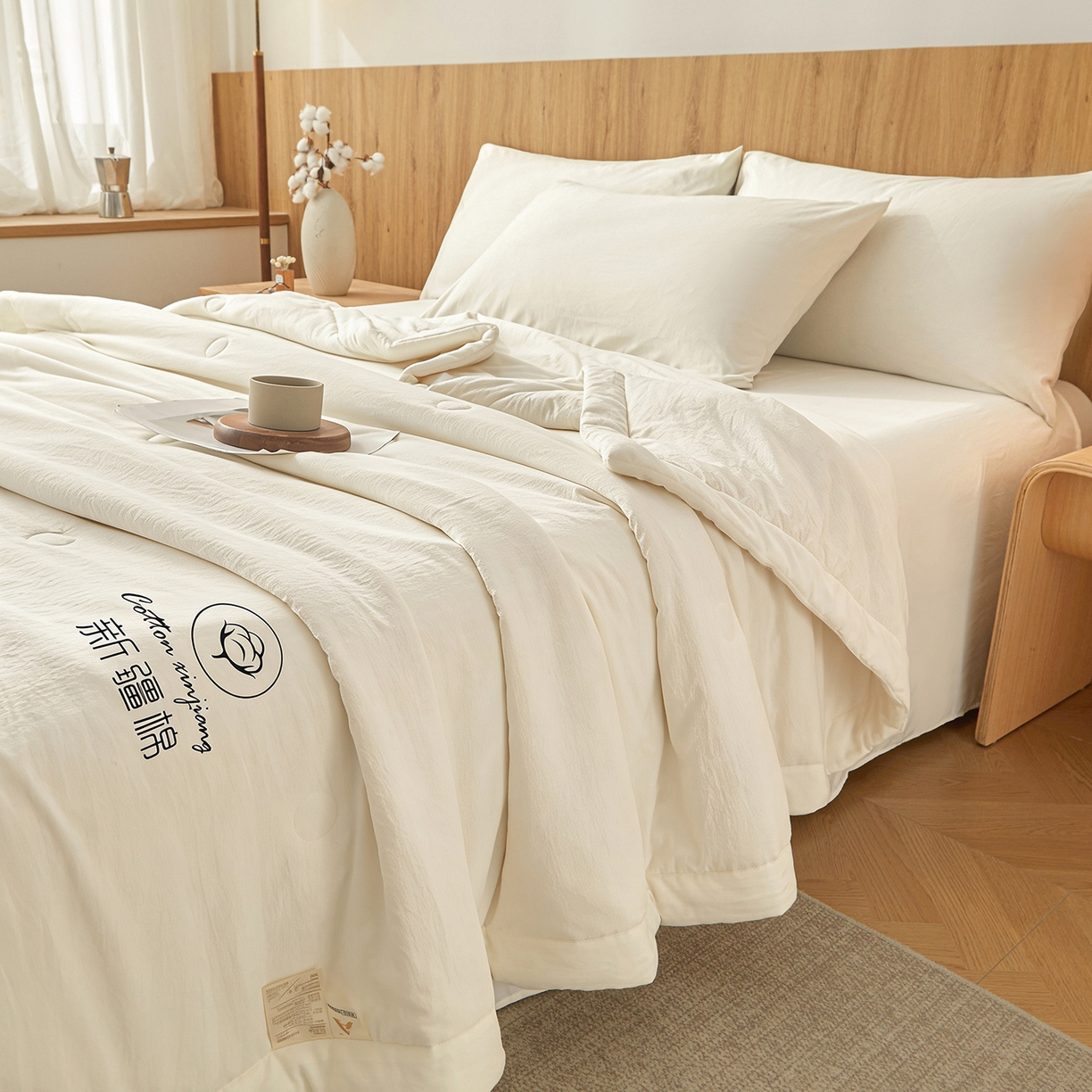 91家纺网 家纺一手货源 找家纺 晓时候 2026春夏新款纯色水洗棉双拼夏被新疆棉花被夏凉被空调被被子被芯-素夏 素夏-奶白