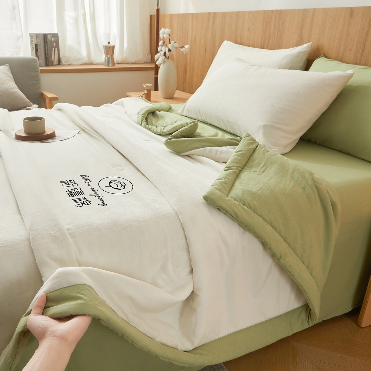 91家纺网 家纺一手货源 找家纺 晓时候 2026春夏新款纯色水洗棉双拼夏被新疆棉花被夏凉被空调被被子被芯-素夏 素夏-白果绿