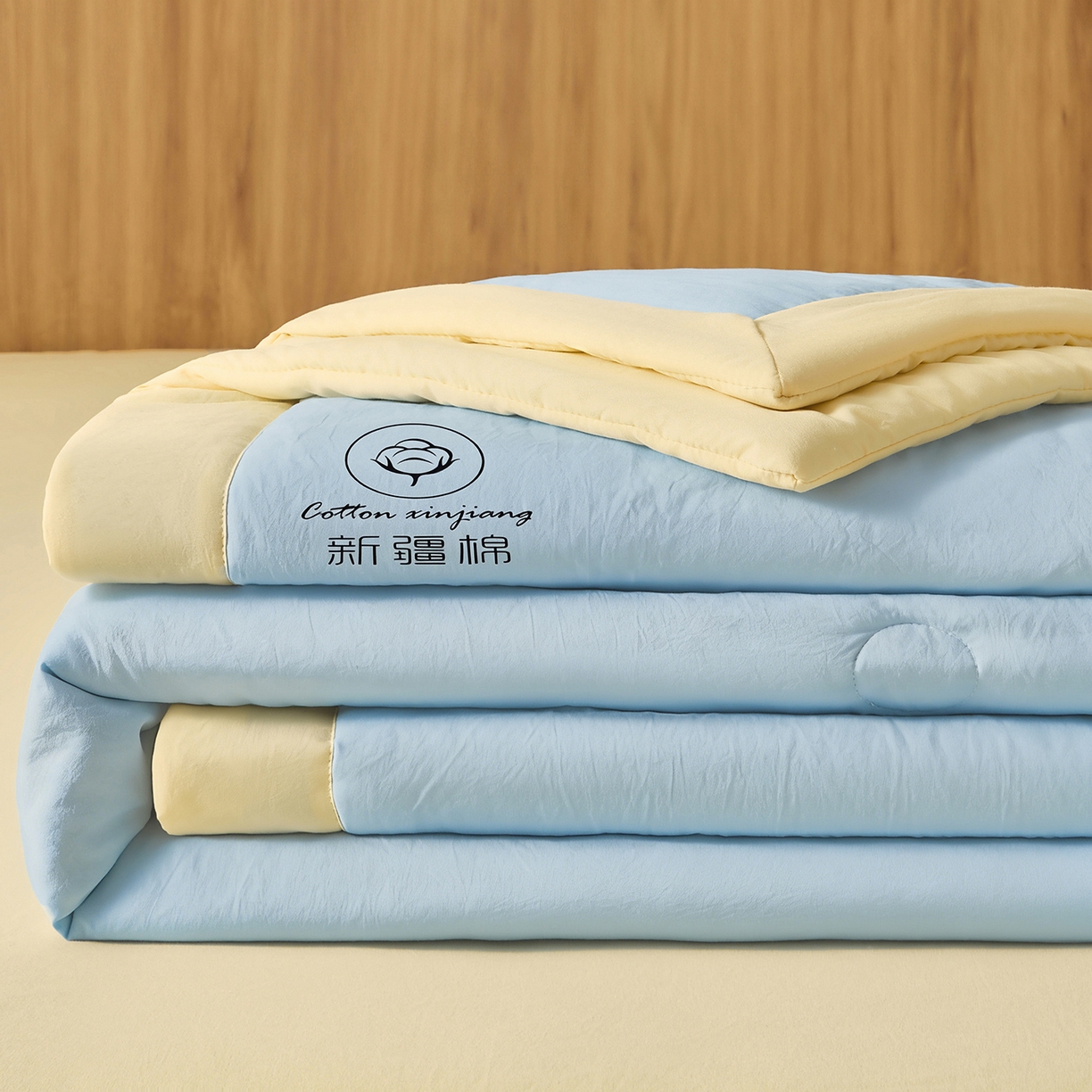 91家纺网 家纺一手货源 找家纺 晓时候 2026春夏新款纯色水洗棉双拼夏被新疆棉花被夏凉被空调被被子被芯-素夏 素夏-蓝黄