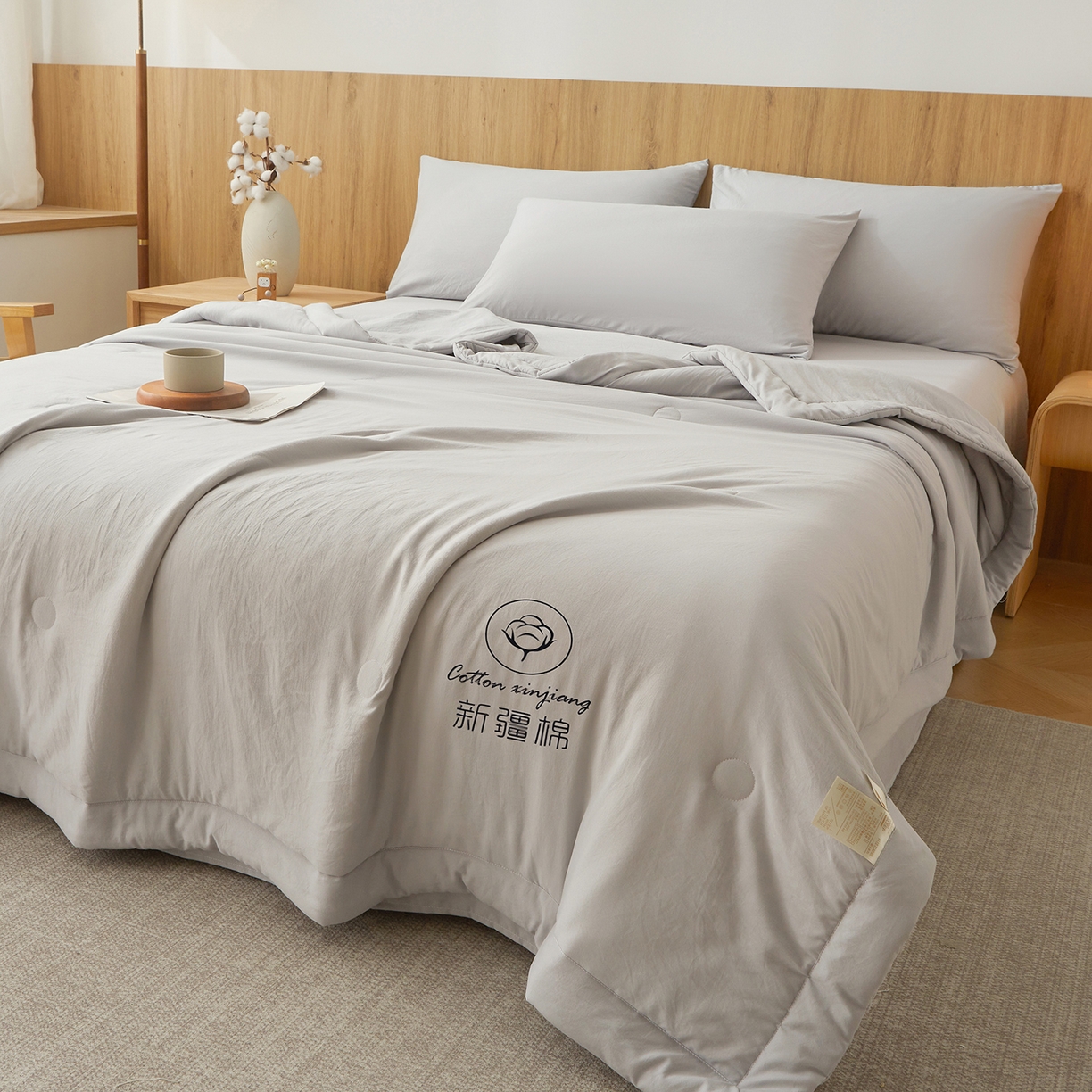 91家纺网 家纺一手货源 找家纺 晓时候 2026春夏新款纯色水洗棉双拼夏被新疆棉花被夏凉被空调被被子被芯-素夏 素夏-浅灰