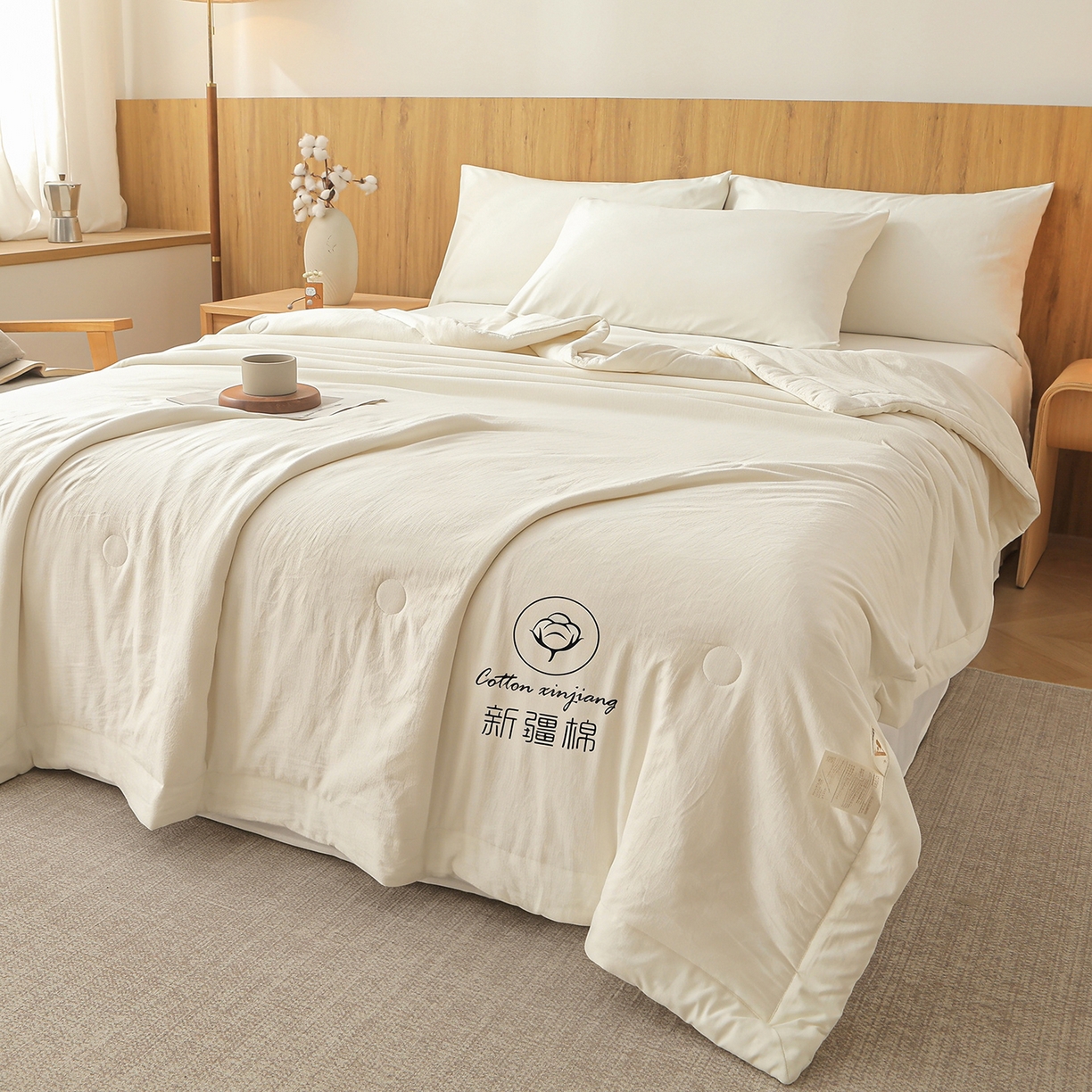 91家纺网 家纺一手货源 找家纺 晓时候 2026春夏新款纯色水洗棉双拼夏被新疆棉花被夏凉被空调被被子被芯-素夏 素夏-奶白