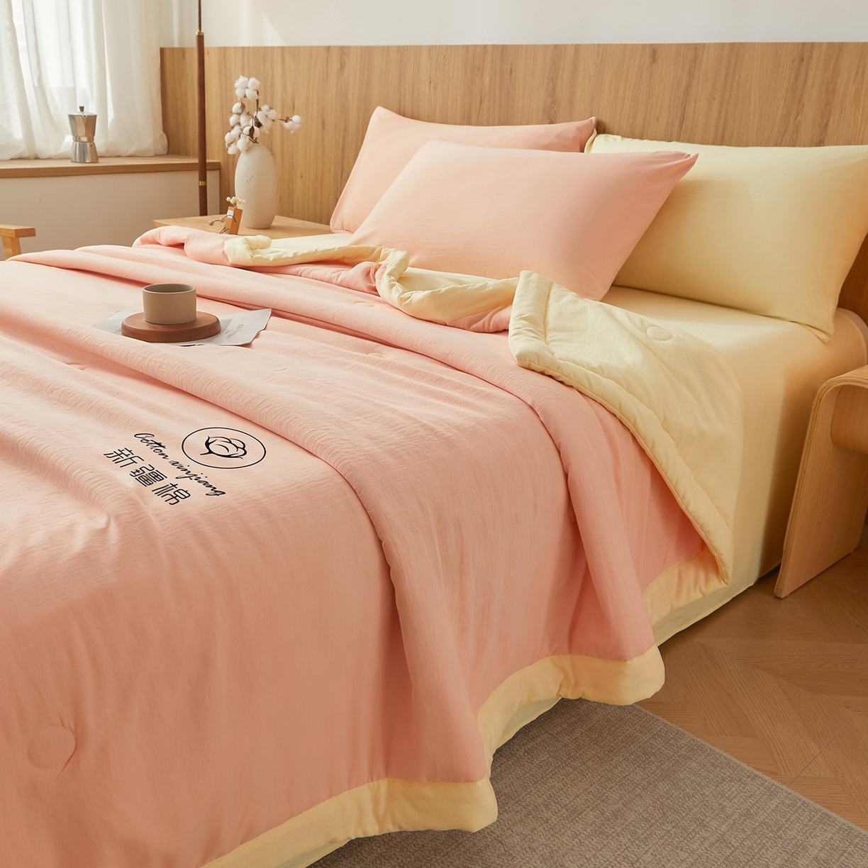 91家纺网 家纺一手货源 找家纺 晓时候 2026春夏新款纯色水洗棉双拼夏被新疆棉花被夏凉被空调被被子被芯-素夏 素夏-粉黄