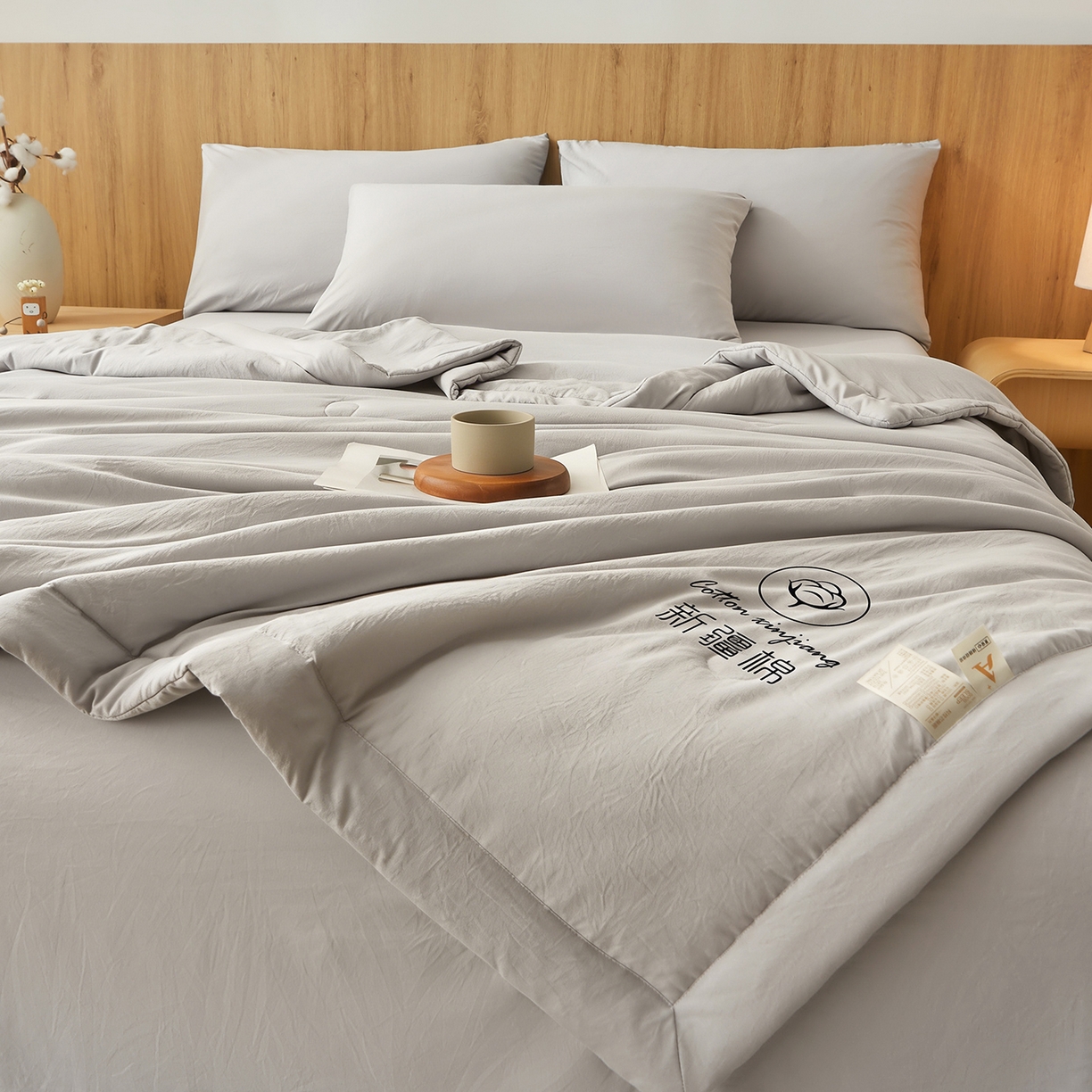 91家纺网 家纺一手货源 找家纺 晓时候 2026春夏新款纯色水洗棉双拼夏被新疆棉花被夏凉被空调被被子被芯-素夏 素夏-浅灰