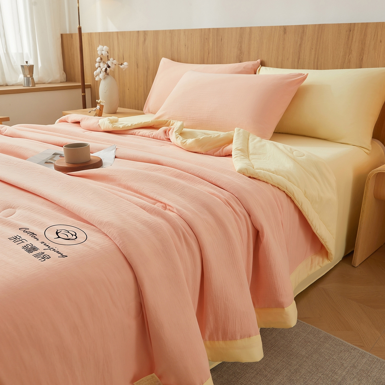 91家纺网 家纺一手货源 找家纺 晓时候 2026春夏新款纯色水洗棉双拼夏被新疆棉花被夏凉被空调被被子被芯-素夏 素夏-粉黄