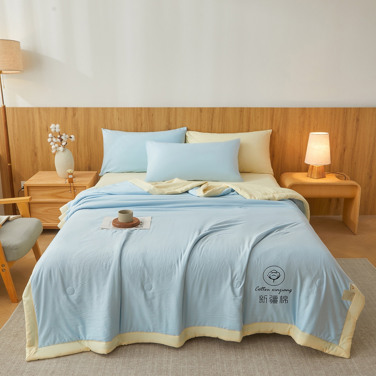 91家纺网 家纺一手货源 找家纺 晓时候 2026春夏新款纯色水洗棉双拼夏被新疆棉花被夏凉被空调被被子被芯-素夏 素夏-蓝黄