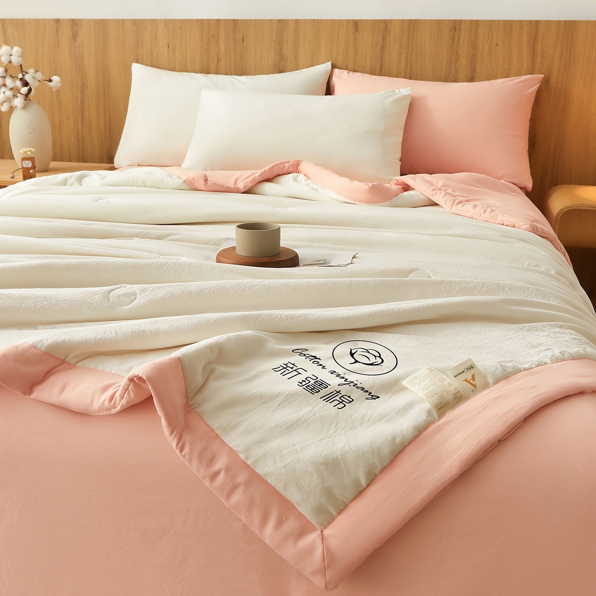 91家纺网 家纺一手货源 找家纺 晓时候 2026春夏新款纯色水洗棉双拼夏被新疆棉花被夏凉被空调被被子被芯-素夏 素夏-白粉