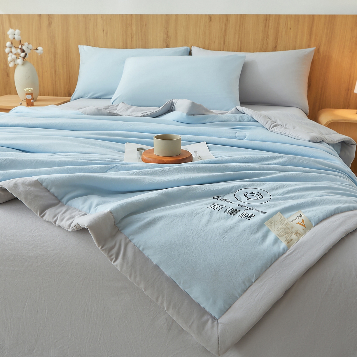 91家纺网 家纺一手货源 找家纺 晓时候 2026春夏新款纯色水洗棉双拼夏被新疆棉花被夏凉被空调被被子被芯-素夏 素夏-蓝灰