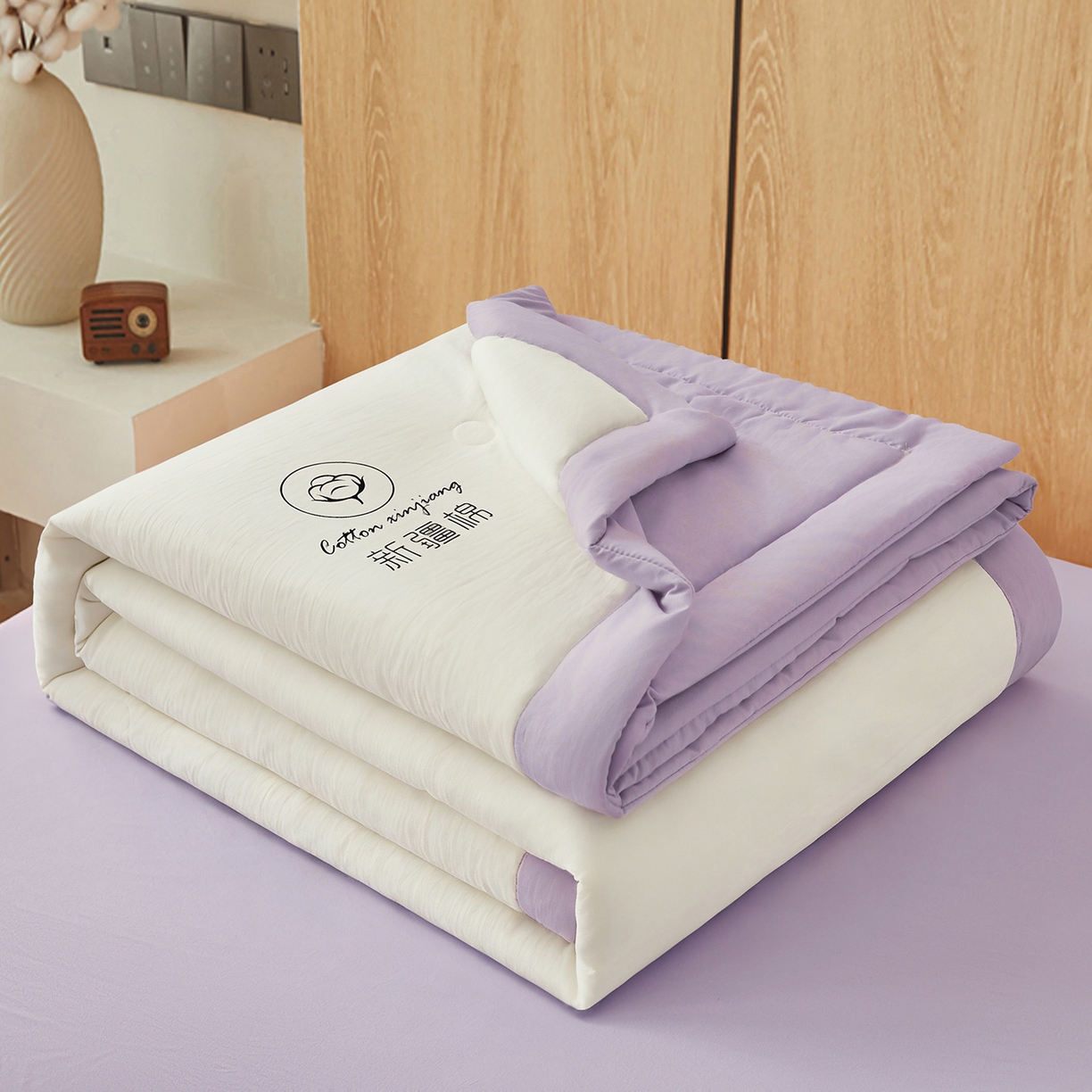 91家纺网 家纺一手货源 找家纺 晓时候 2026春夏新款纯色水洗棉双拼夏被新疆棉花被夏凉被空调被被子被芯-素夏 素夏-白紫