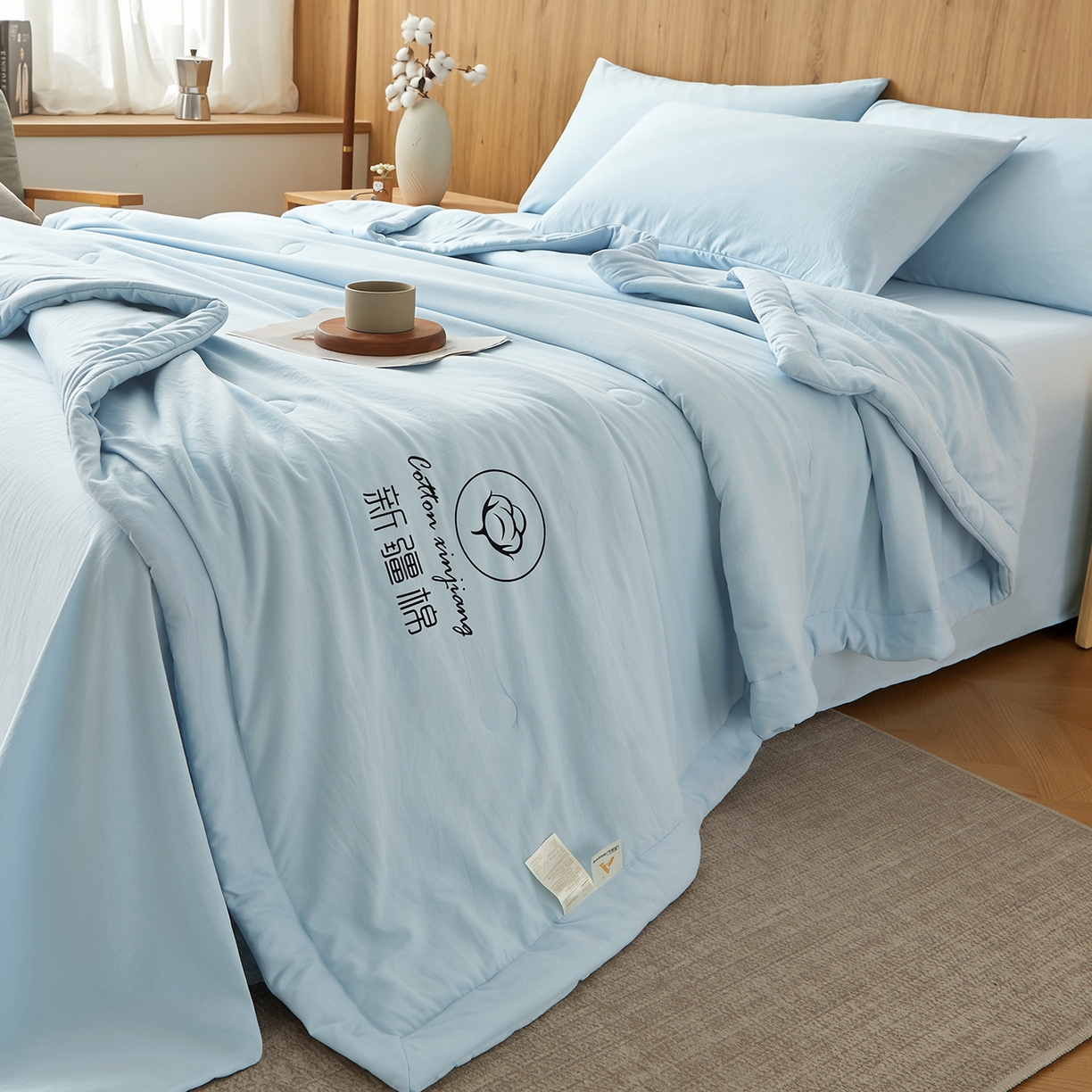 91家纺网 家纺一手货源 找家纺 晓时候 2026春夏新款纯色水洗棉双拼夏被新疆棉花被夏凉被空调被被子被芯-素夏 素夏-天蓝