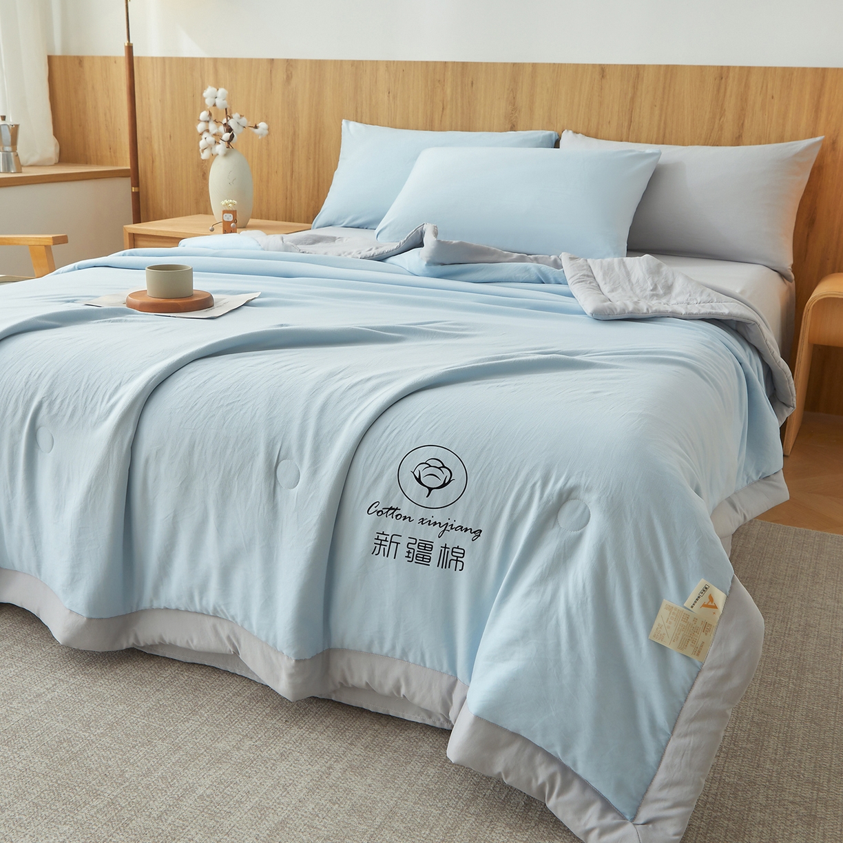 91家纺网 家纺一手货源 找家纺 晓时候 2026春夏新款纯色水洗棉双拼夏被新疆棉花被夏凉被空调被被子被芯-素夏 素夏-蓝灰