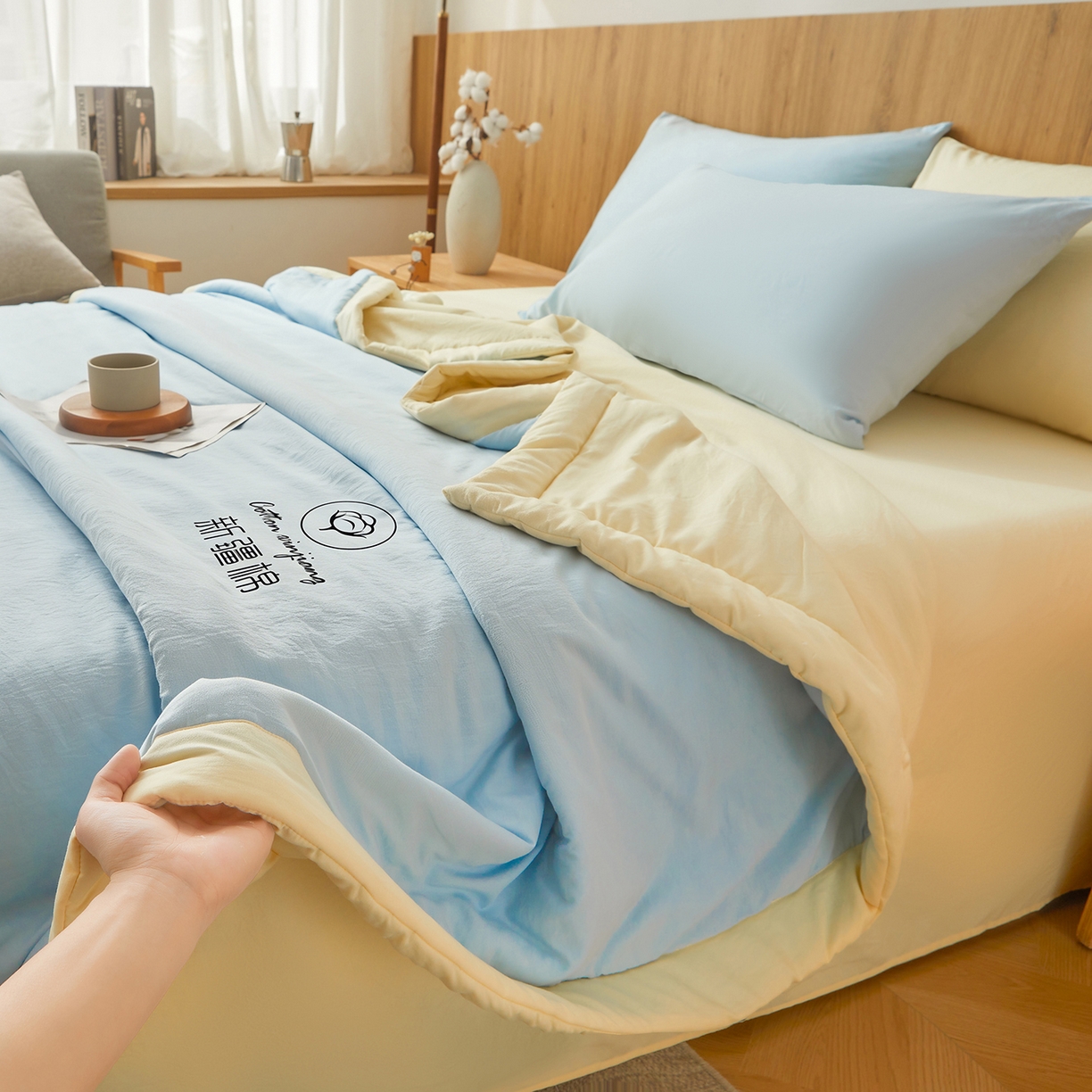 91家纺网 家纺一手货源 找家纺 晓时候 2026春夏新款纯色水洗棉双拼夏被新疆棉花被夏凉被空调被被子被芯-素夏 素夏-蓝黄