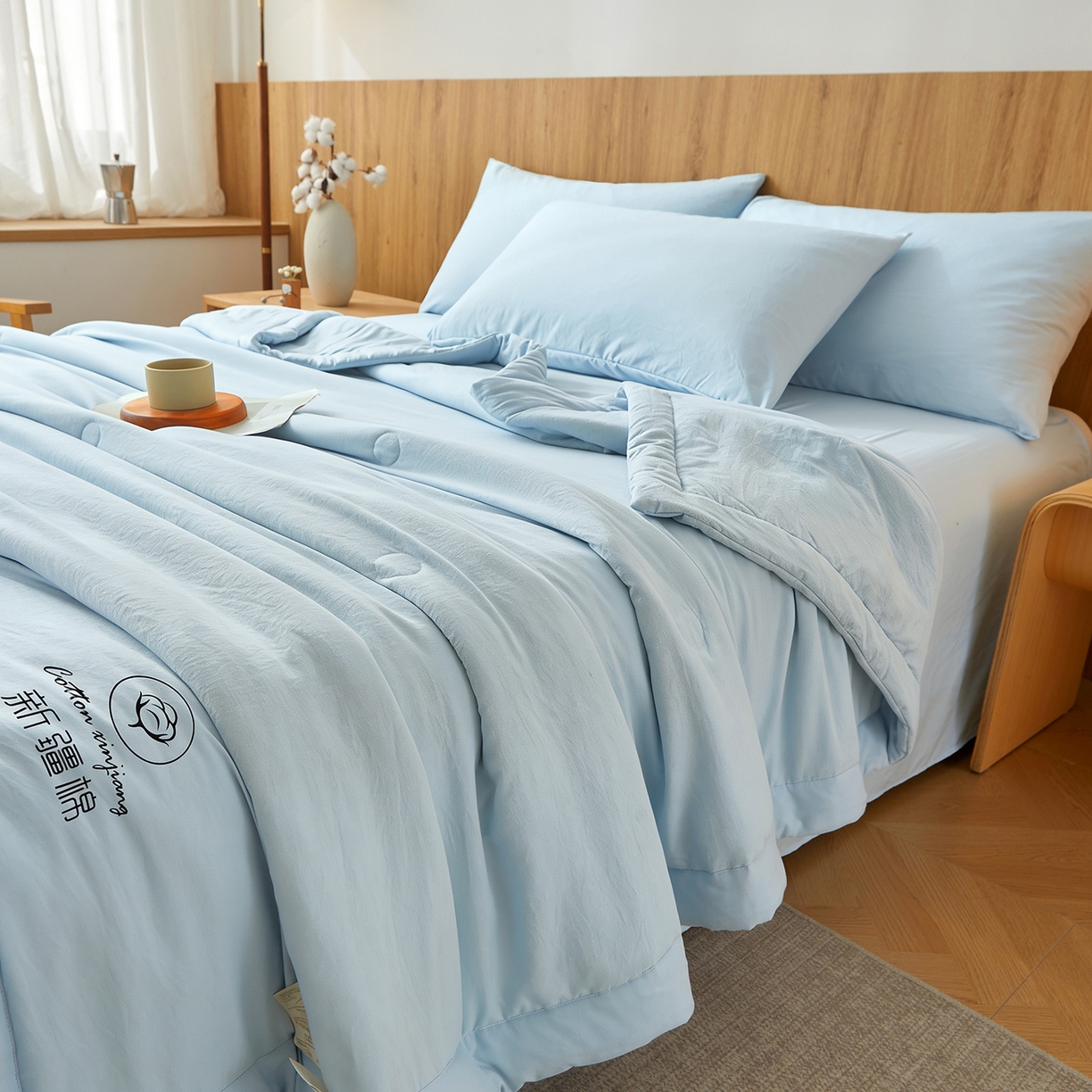 91家纺网 家纺一手货源 找家纺 晓时候 2026春夏新款纯色水洗棉双拼夏被新疆棉花被夏凉被空调被被子被芯-素夏 素夏-天蓝