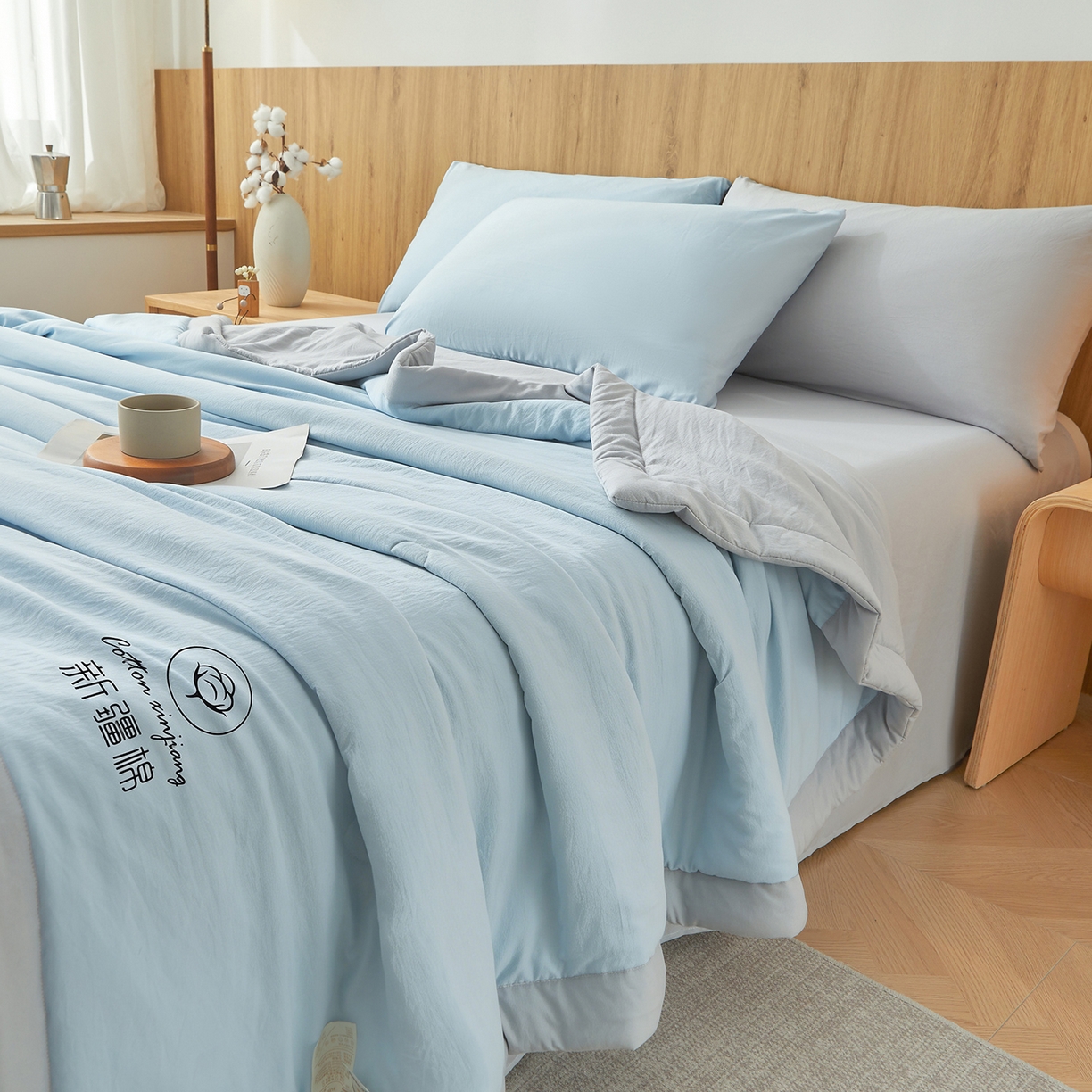 91家纺网 家纺一手货源 找家纺 晓时候 2026春夏新款纯色水洗棉双拼夏被新疆棉花被夏凉被空调被被子被芯-素夏 素夏-蓝灰