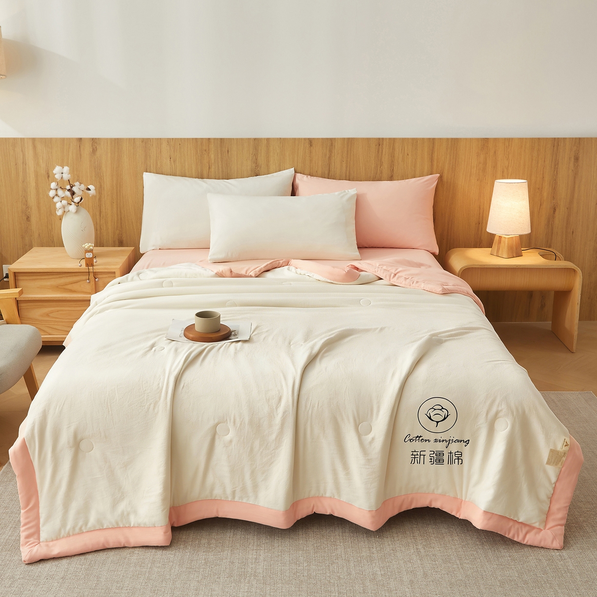 91家纺网 家纺一手货源 找家纺 晓时候 2026春夏新款纯色水洗棉双拼夏被新疆棉花被夏凉被空调被被子被芯-素夏 素夏-白粉