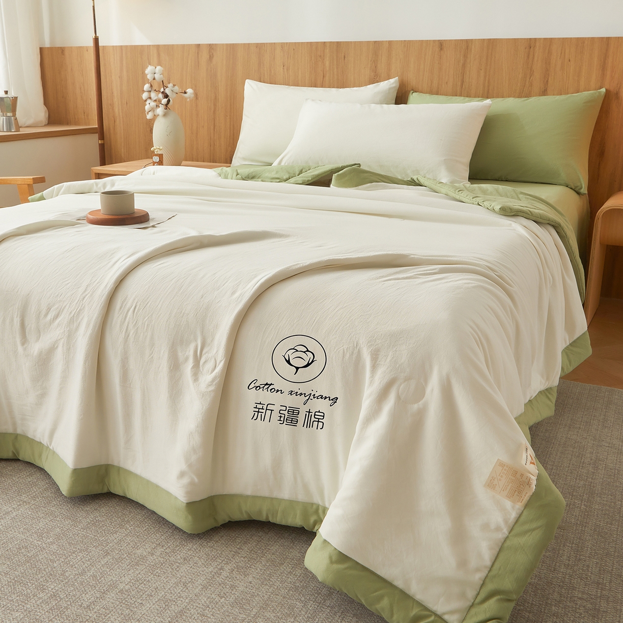 91家纺网 家纺一手货源 找家纺 晓时候 2026春夏新款纯色水洗棉双拼夏被新疆棉花被夏凉被空调被被子被芯-素夏 素夏-白果绿